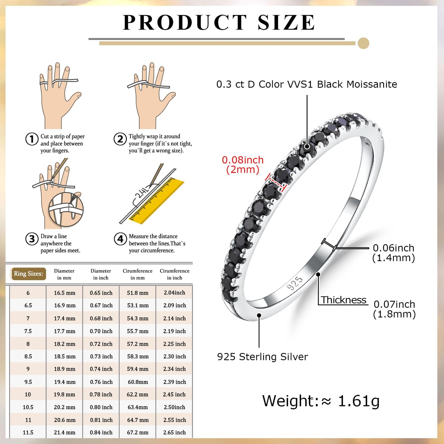 Black Moissanite Ring Men Women Created Diamond Wedding Rings Half Eternity Band Rings 0.25 Cttw Stackable Ring Size 7