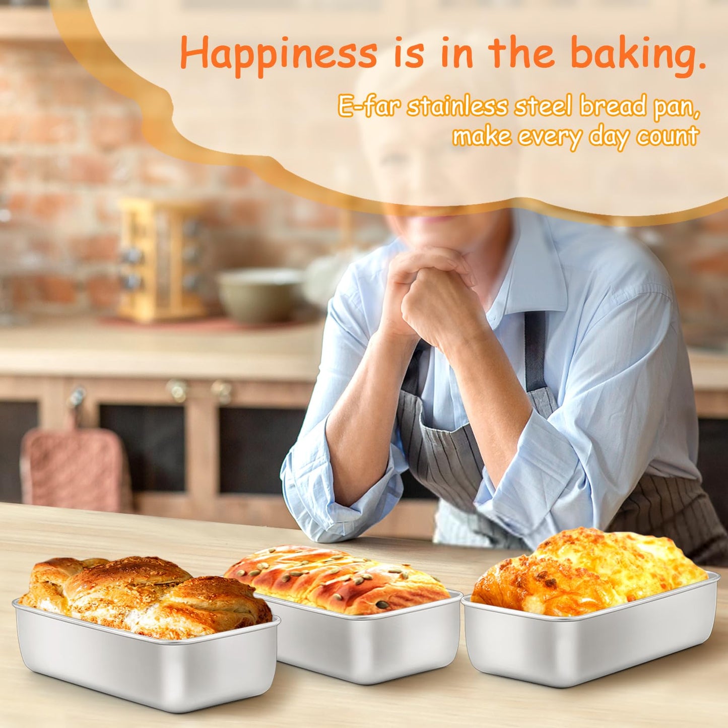 E-far Loaf Pan for Baking Bread, 9 x 5 Inch Stainless Steel Baking Loaf Pans, Metal Bakeware for Bread Meatloaf Cake Brownies, Healthy & Non Toxic, Easy Release & Dishwasher Safe - Set of 2