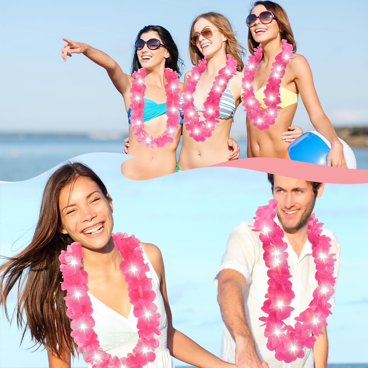 Sherr 24 Pcs LED Hot Pink Leis Light up Wedding Hawaiian Leis Flower Necklace with LED Lights Beach Tropical Carnival Party Wedding Supplies Luau for Masquerade