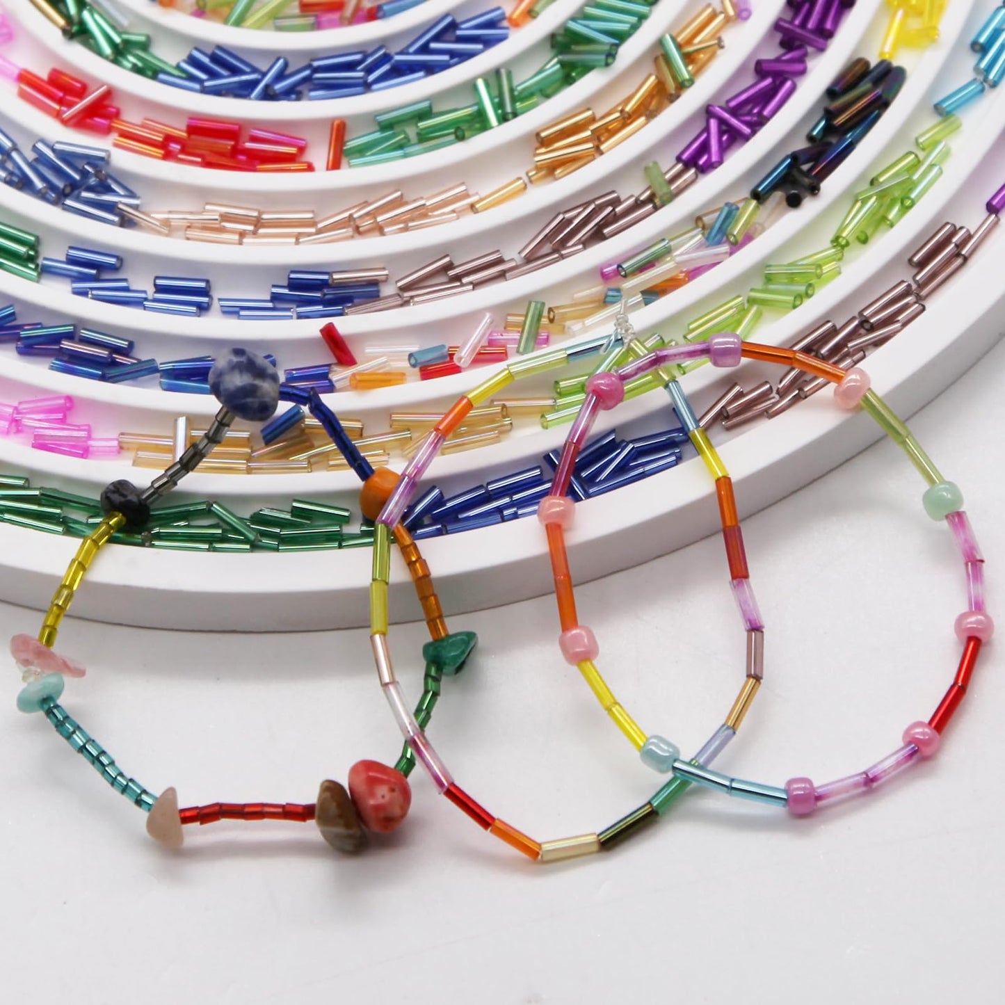 JOJOPLAY Tube Seed Beads Kit, 7mm, Craft Bugle Glass Beads with Bead Needle, Elastic String for Bracelet Necklace Jewelry Making (24 Colors)