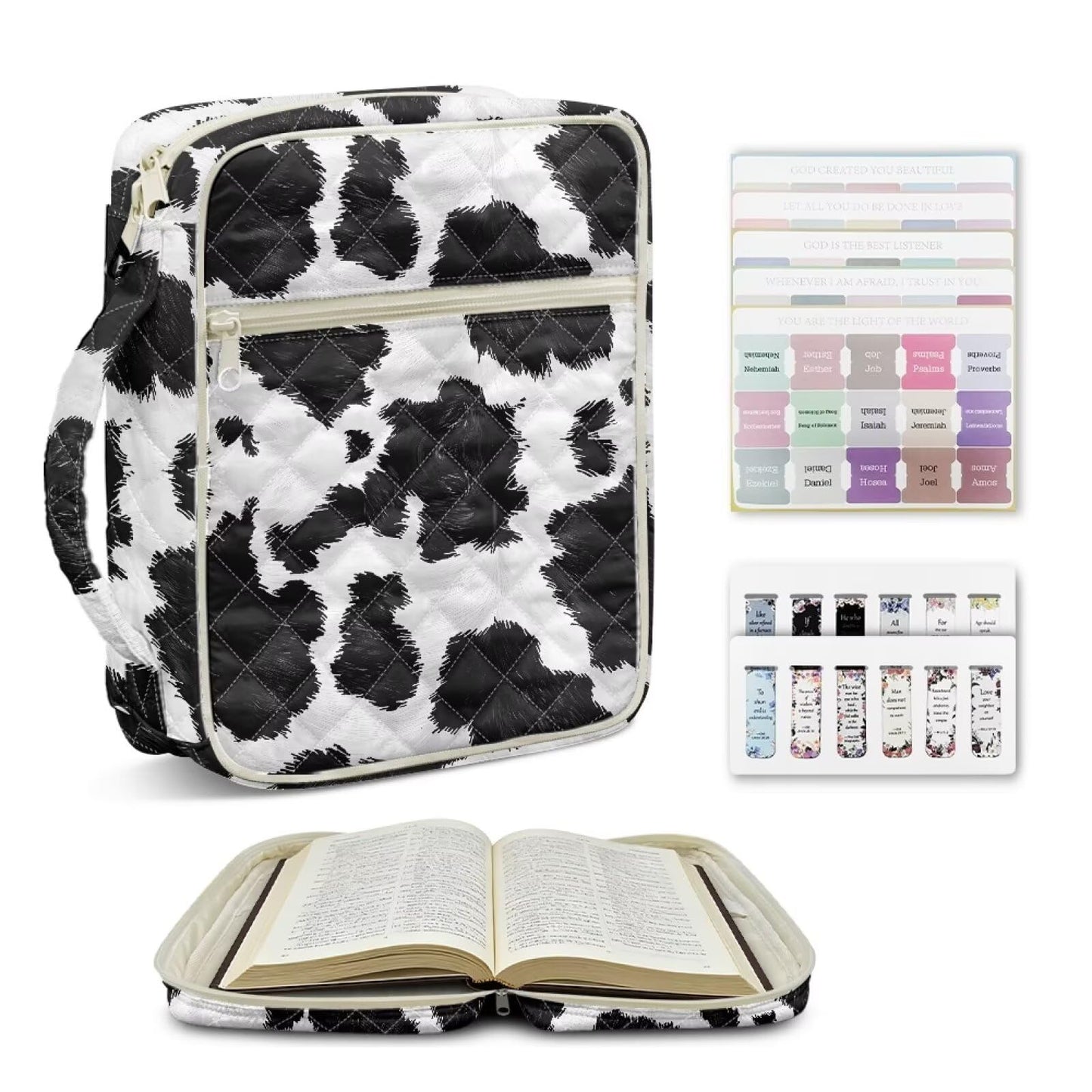 NETILGEN Black and White Cow Print Quilted Bible Carrying Case for Women Bible Cover with Handle Scripture Study Supplies Accessories Christian Gifts