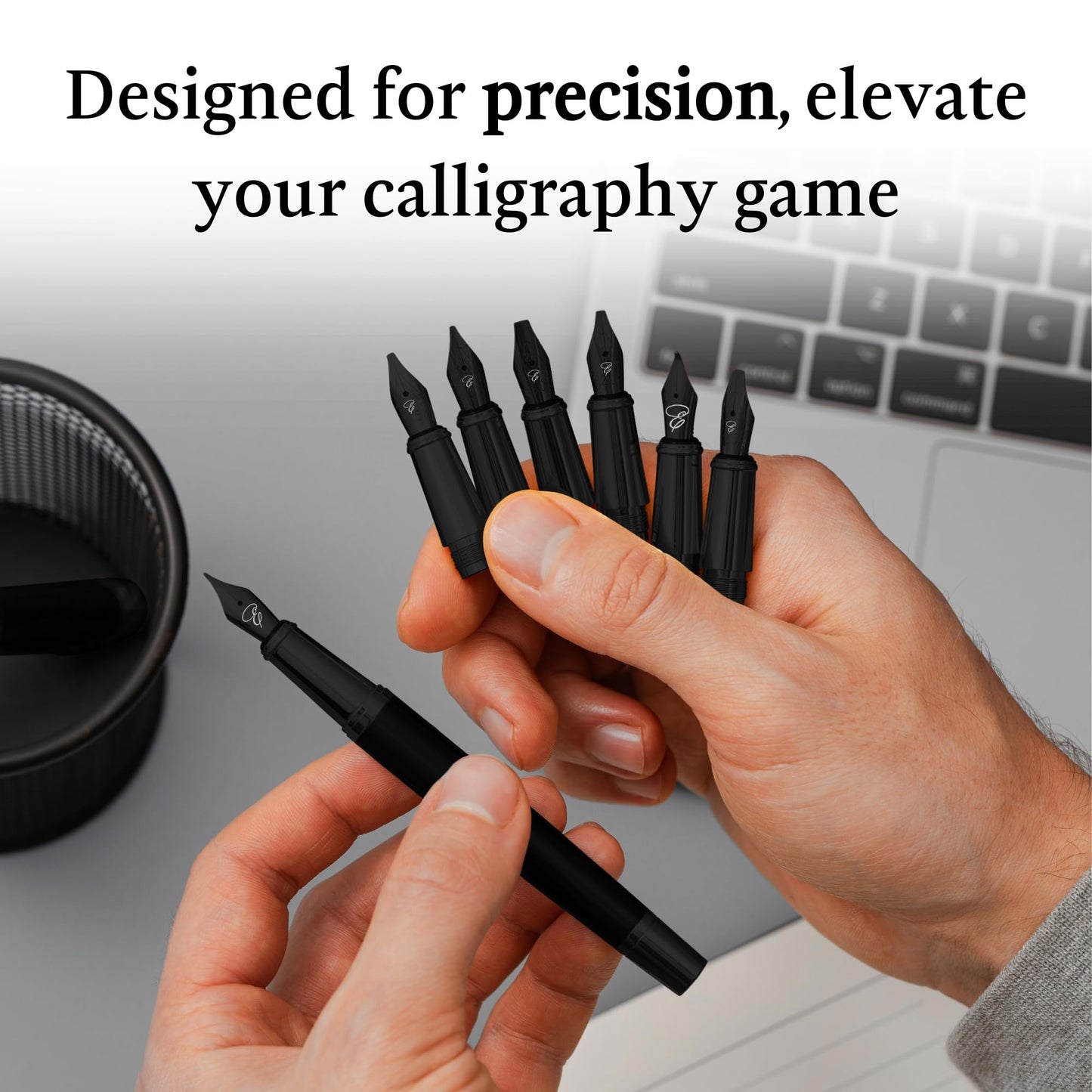 Ellington Pens Luxury Calligraphy Set - Premium Fountain Pen with 6 Nibs, 50 ml Black Ink Bottle, 6 Cartridges, Converter, Elegant Gift Box – Perfect for Drawing, Writing, Gifting (The Stealth)