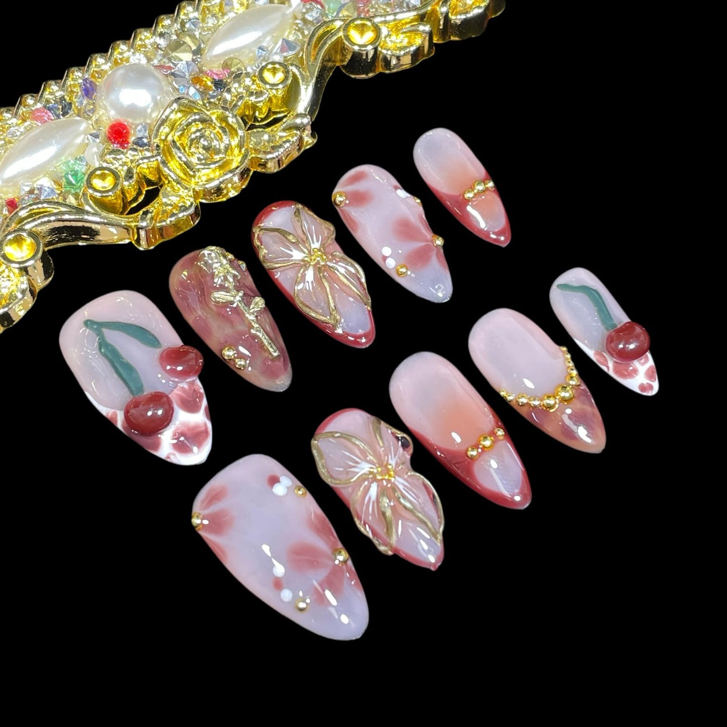 Handmade Press On Nails Medium Almond Elegant 3D Cherry & Gold Floral Accent False Nails | Nude Pink Base with Wine-Red Tips, Reusable Acrylic Fake Nails (Wine Cherry, M)