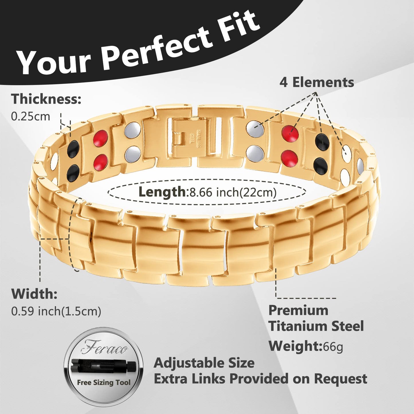 Feraco Mens Magnetic Therapy Bracelets Titanium Steel Bracelet with Double Row 4 Elements Magnets (Gold)