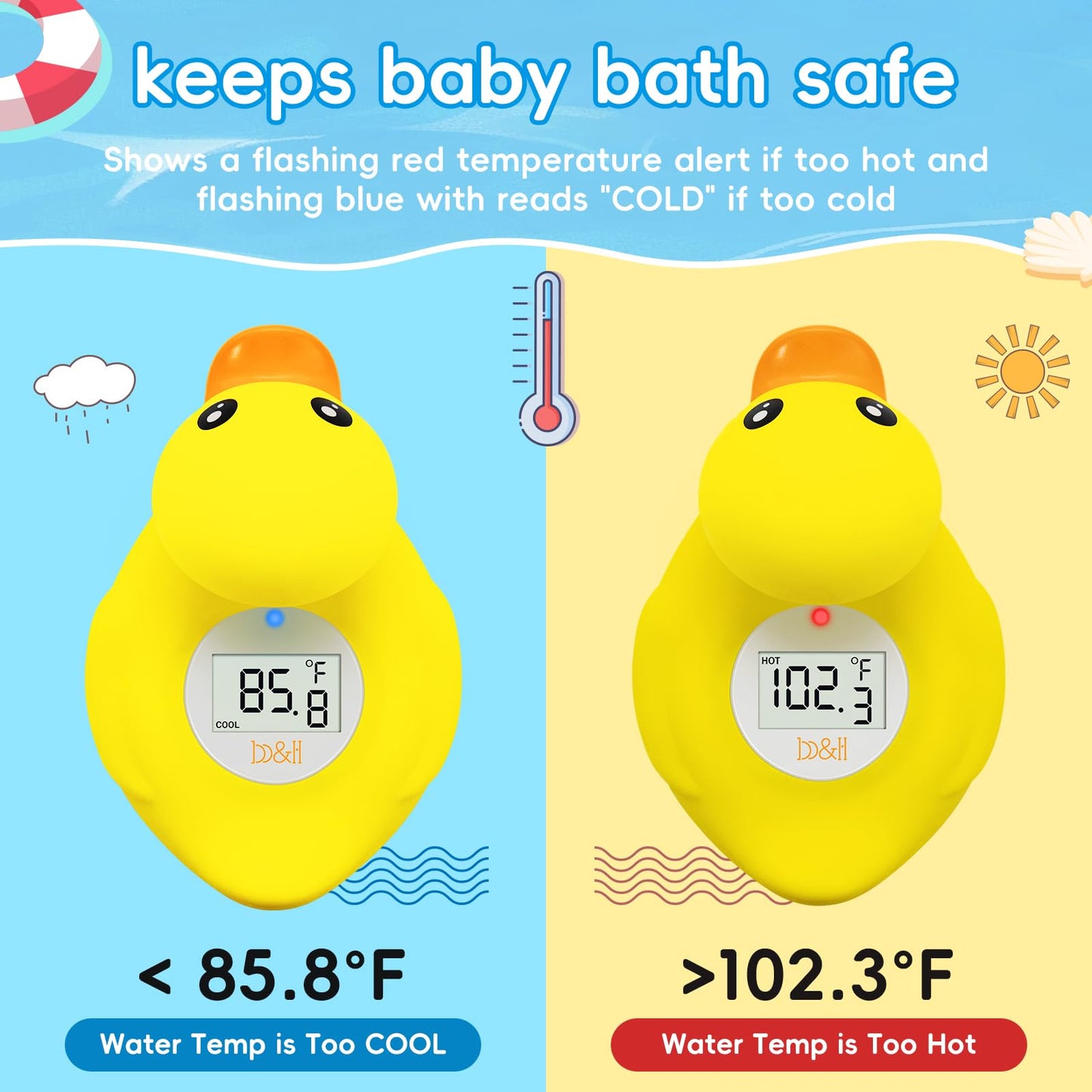 B&H Duck Baby Bath Thermometer, Digtal Tub Thermometer for Accurately Measuring Baby's Water Temperature, BPA Free, Toddlers Safety Floating Toy