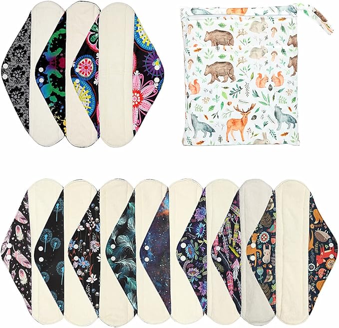 12 Pieces Cloth Menstrual Pads,Reusable Sanitary Pads,Size 14 inch Overnight,Unscented