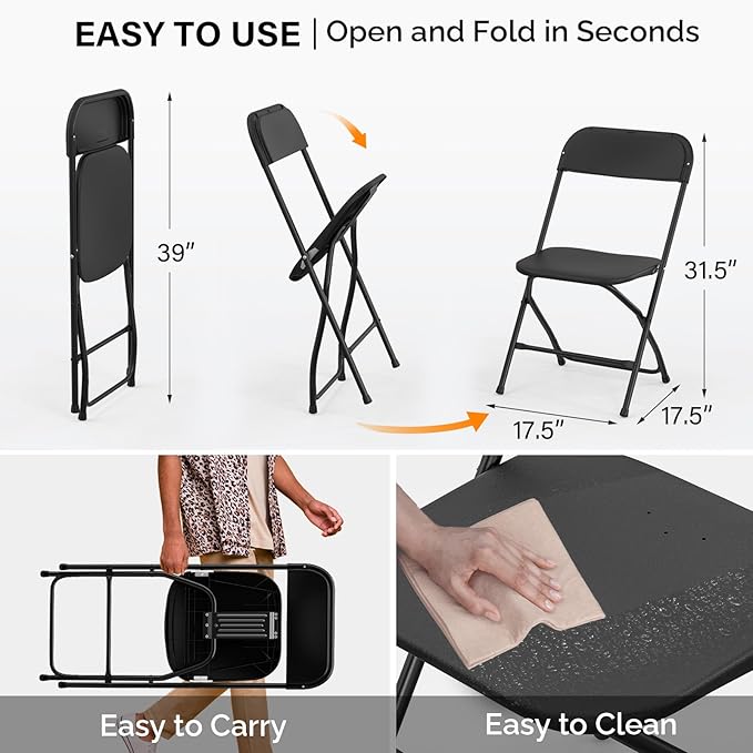 VINGLI 6 Pack Black Plastic Folding Chair, Indoor Outdoor Portable Stackable Commercial Seat with Steel Frame 350lb. Capacity for Events Office Wedding Party Picnic Kitchen Dining