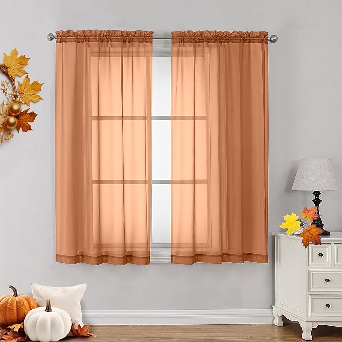 OVZME Orange Sheer Curtains 54 Inches Long 2 Panels - Soft Light Filtering Window Sheer Panels for Living Room/Bedroom, Top Dual Rod Pocket, 1 Pair, Each 42Wx54L Inches
