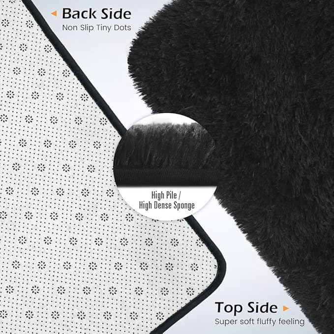 Amearea Shag Fluffy Area Rug for Bedroom Girls Living Room, Extra Soft and Fuzzy Shaggy Rugs, Non Slip, Solid Color Carpet Mat for Boys Nursery Home, Black 5x8 Feet