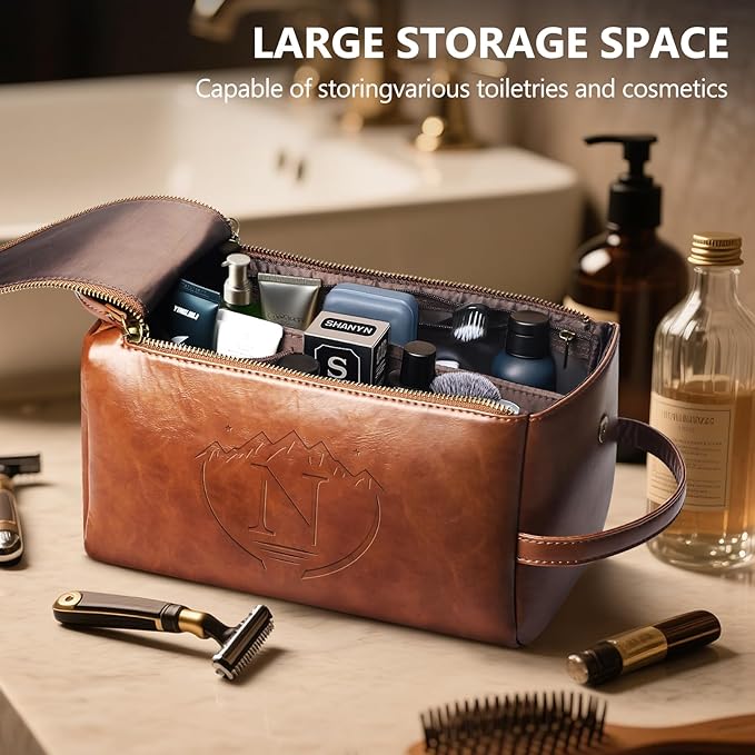 Personalized Toiletry Bag for Men,Initial Mens Toiletry Bags for Traveling,Men Travel Toiletries Bag,PU Leather Shaving Bag for Toiletries Accessories kit,Brown N