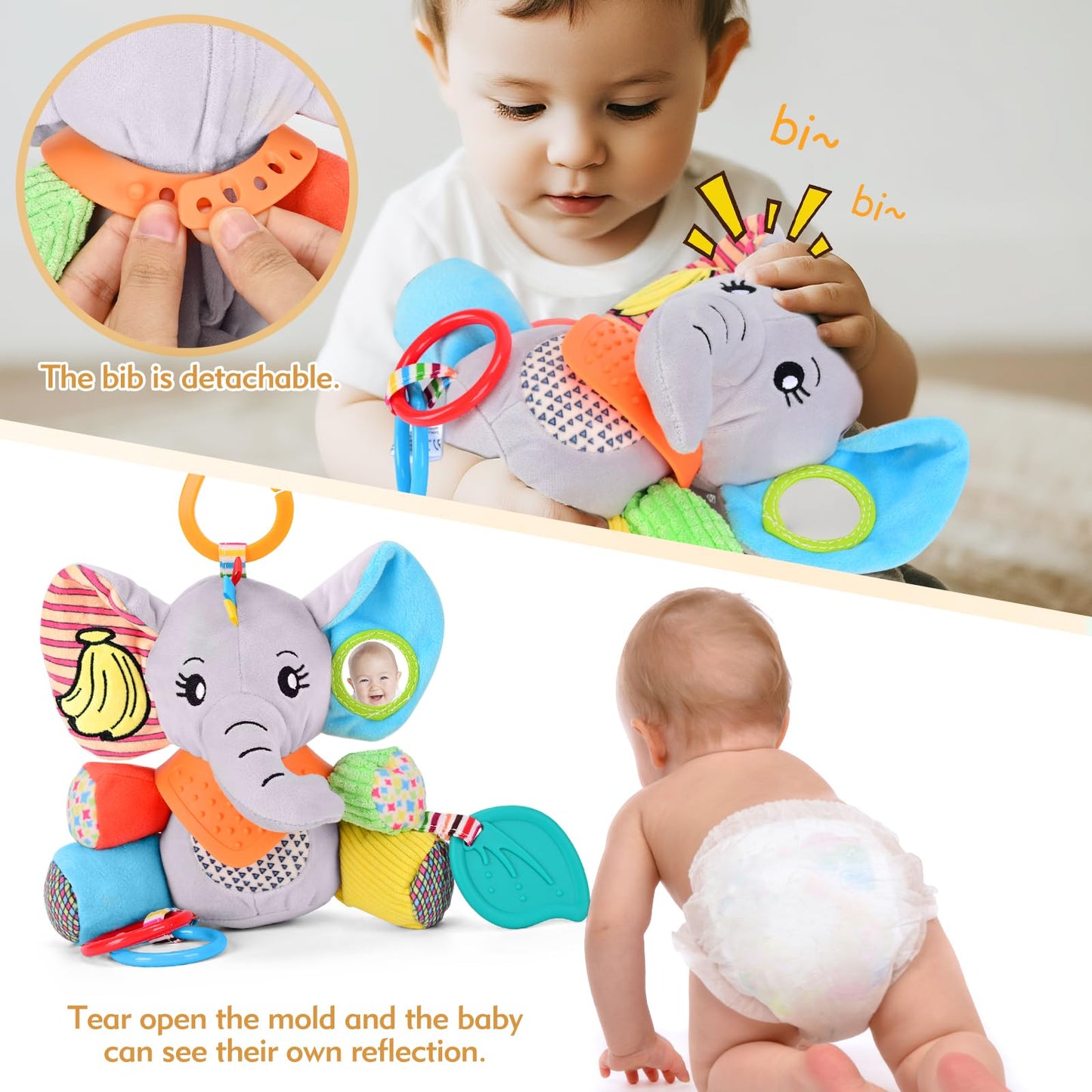 Baby Toys 0-12 Months Elephant with Detachable Touch-Sensitive Sound Box, 30 Sounds, Removable Bib, Teether, Rattle, BB Squeaker, Mirror for Strollers, Car Seats, Carriers