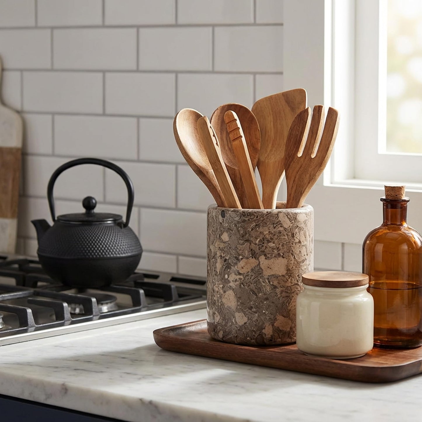 Radicaln Marble Utensil Holder 6.5" Inches Oceanic Handmade Spatula Set for Kitchen Counter, Marble Cooking Utensils Jar & Kitchen Essentials Organizer, Ideal Utensil Caddy, Spoon Holder