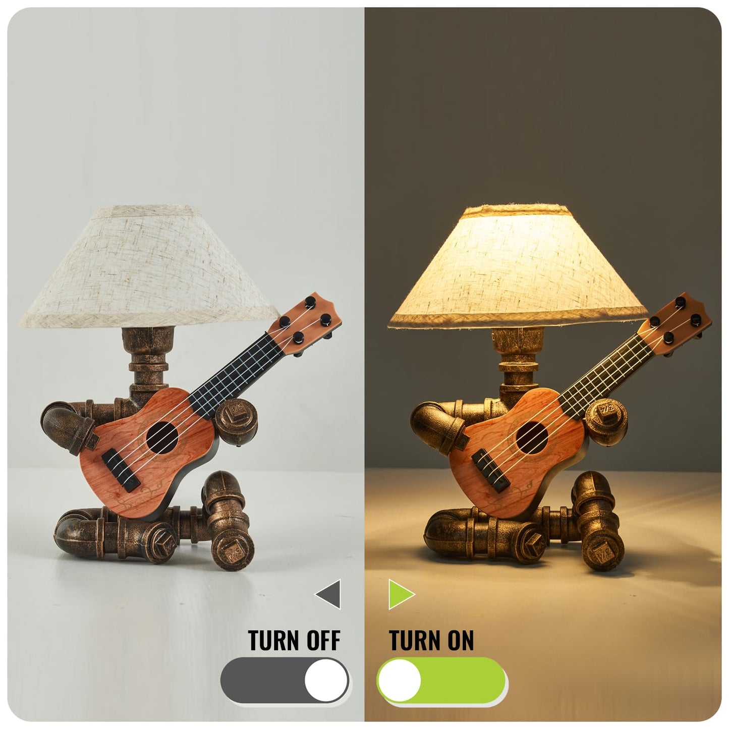Lovefindahome Vintage Industrial Robot Guitar Table Lamp with Bulb - Remote Control,Timer,Dimmable - Cool Gifts for Music Lovers,Men,& Musicians - Steampunk & Retro Style Bronze