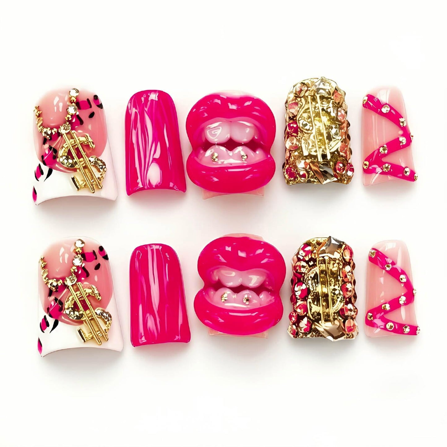 Short Handmade Press on Nails Duck Nail Tips,Thick 3D Floral Reusable Fake Nails Hand Made Acrylic Nails for Women 10pcs (Size M）