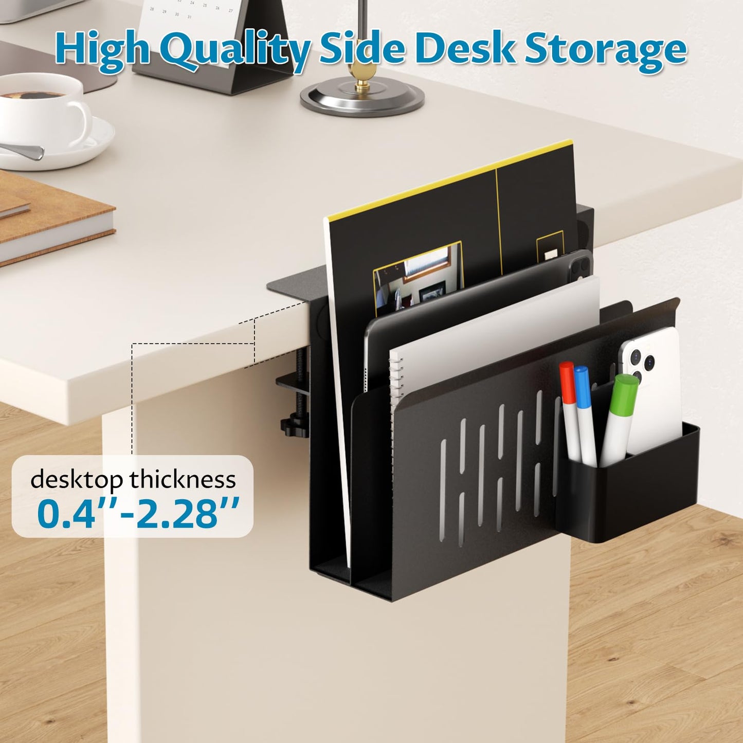Onemake Desk Side Storage, 2-Tier No Drill Laptop Holder, Clamp on Desks Shelf with Magnetic Pen Holder, Hanging Desk Organizer for Home Office, Fits Flat Edge Tables 0.4" to 2.3"