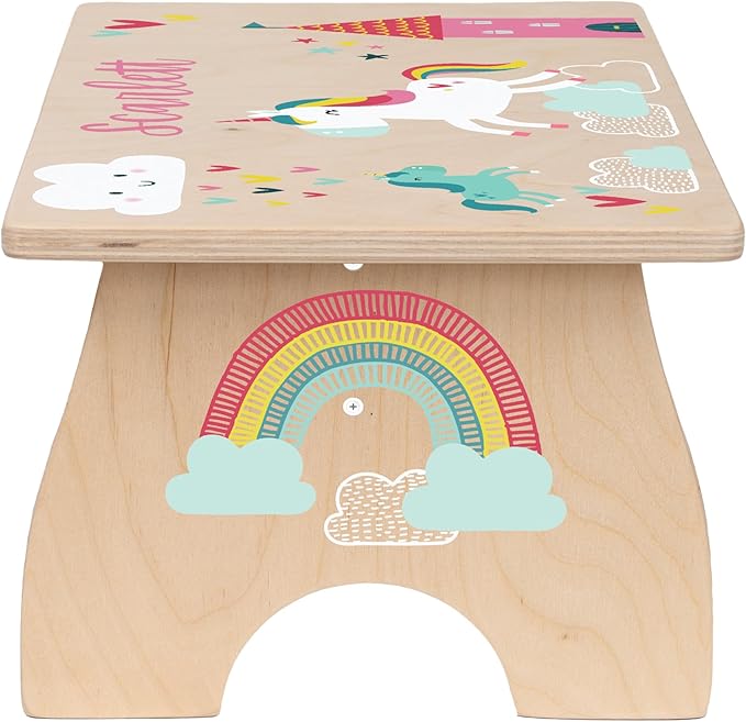 Unicorn Step Stool for Kids- Personalized Wood Toddler Step Stool with Name for Kitchen Sink, Bathroom, Potty Training, Kitchen Sink- Sturdy and Safe- Made in USA by BloomOwl (Unicorn- Doodle)
