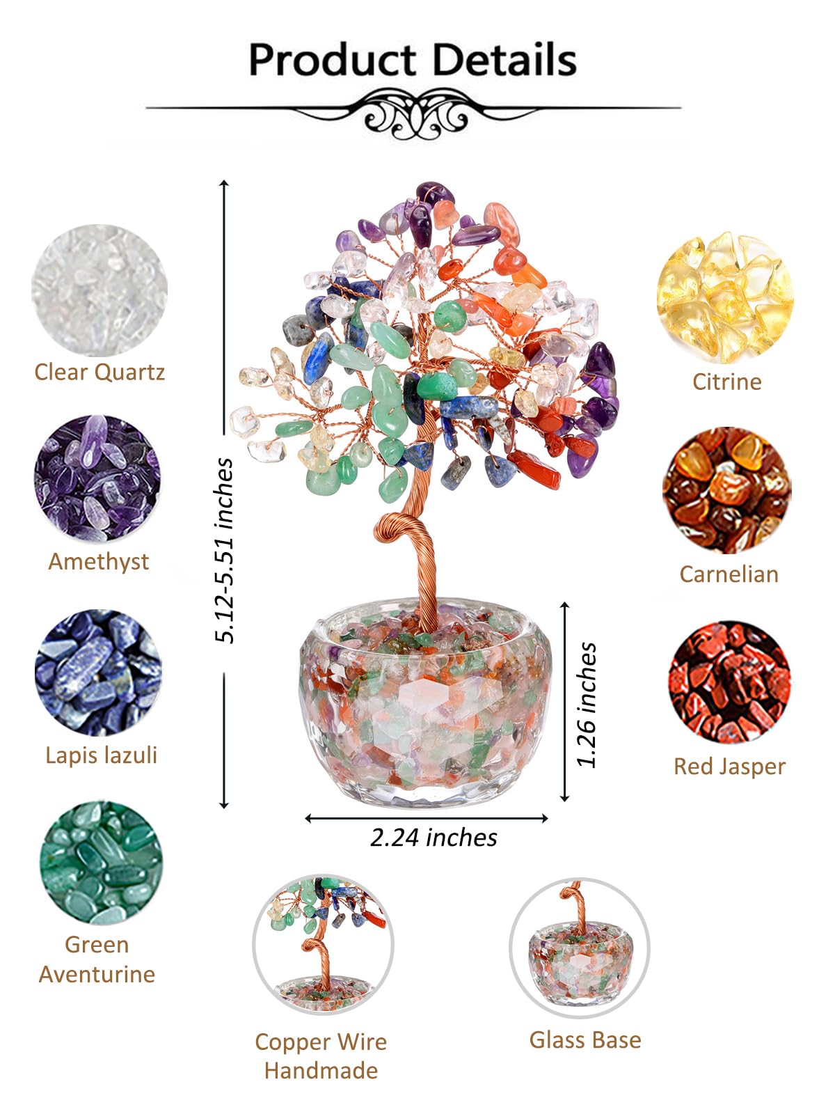 Top Plaza Healing Crystals 7 Chakra Stone Tree with Glass Base Handmade Natural Gemstone Life Tree Mini Bonsai Money Trees Good Luck Home Office Desk Decor