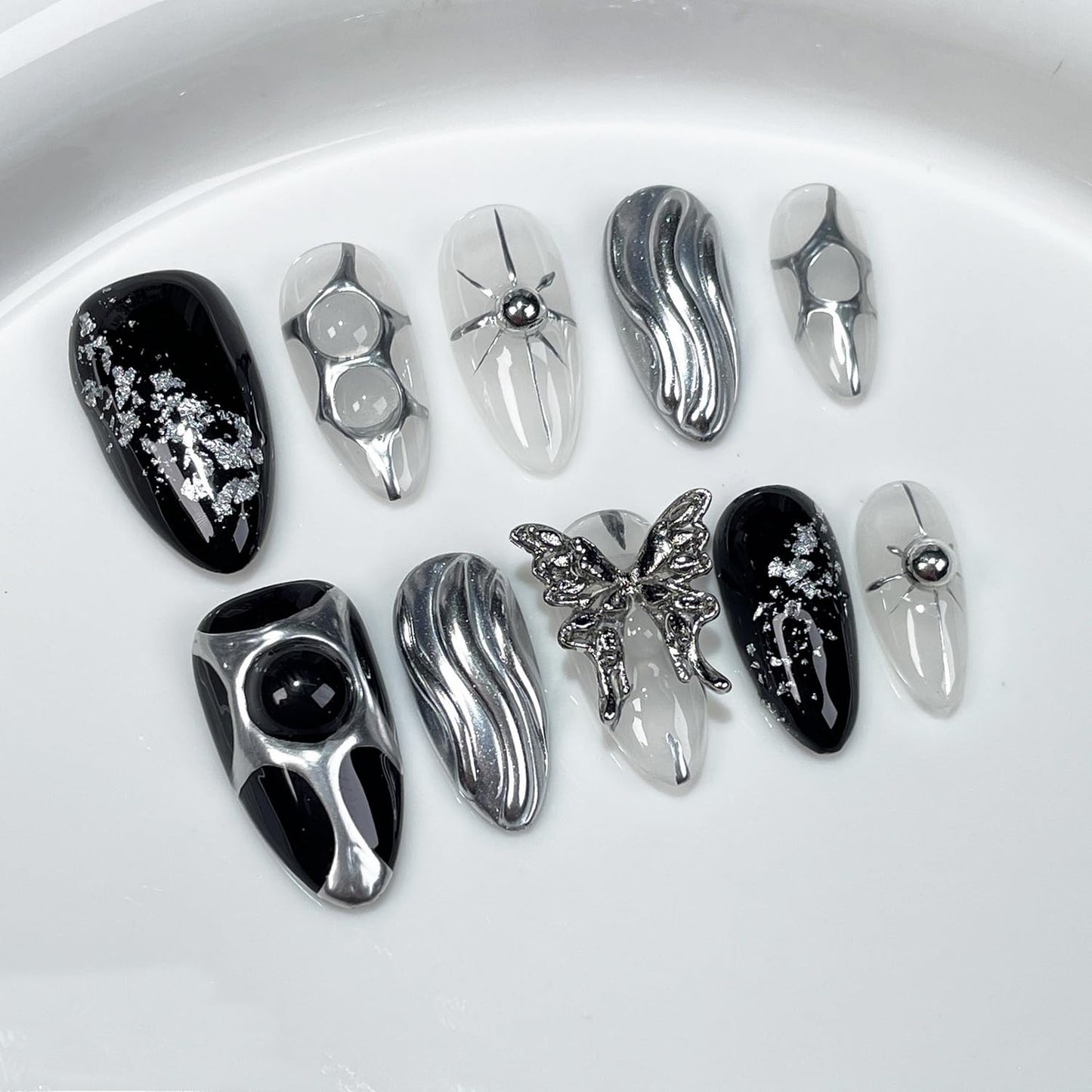 Black Press on Nails Medium Almond Fake Nails with 3D Metal Butterfly Irregular Silver Design Handmade False Nails Sequin Full Cover Artificial Nails Stick on Nail for Women DIY Tips (M)