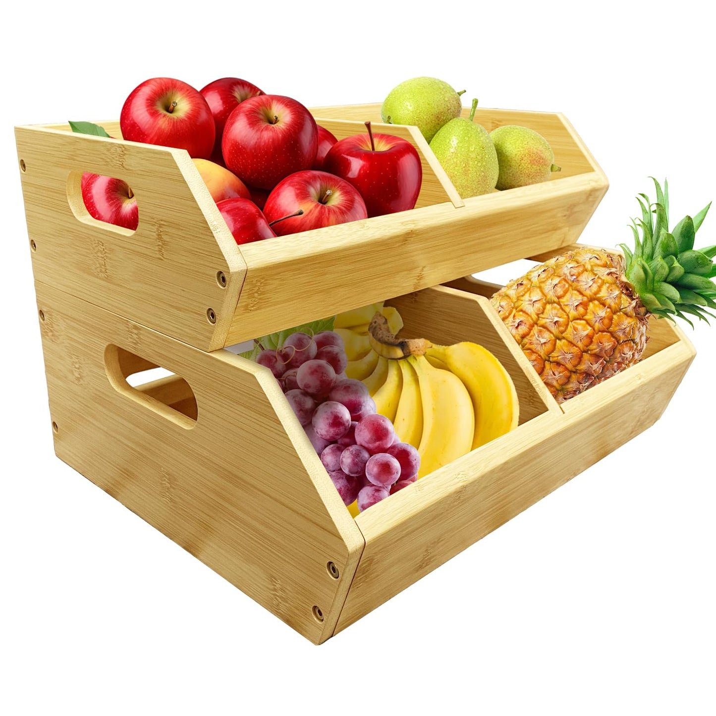 2-Pack Stackable Vegetable Storage Bins, Kitchen and Pantry Organizers and Storage Baskets, for Fruit, Vegetable, Produce, Bread, Potato Onion and Snacks, Bamboo Kitchen Storage Containers