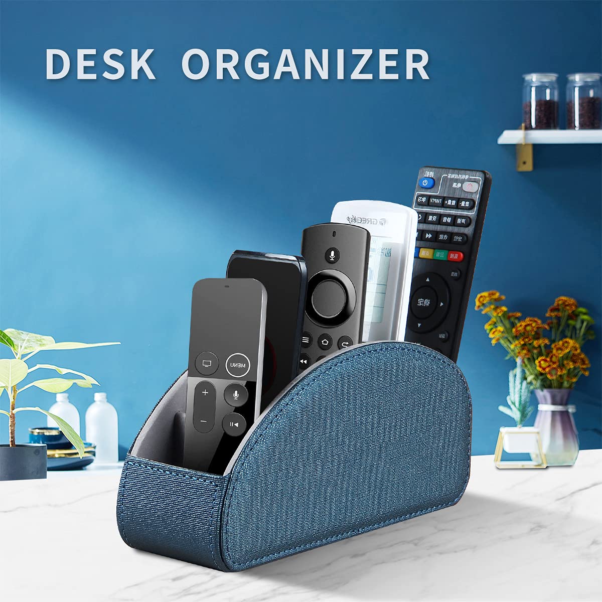 Remote Control Holder Leather TV Remote Caddy for Table, 5 Compartments Nightstand Organizer for Bedroom Accessories/Bedside Remotes/Media Controllers/Office Supplies, Decorations for Living Room