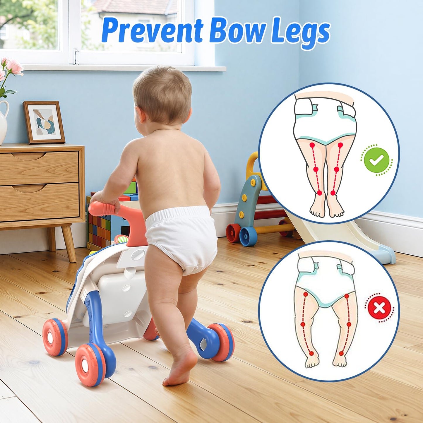 QDRAGON 3 in 1 Baby Walker and Activity Center for Boy, Learning to Walk, Sit to Stand, Early Educational Push Toys with Music Panel for Infant Toddler 12-18 Months Blue