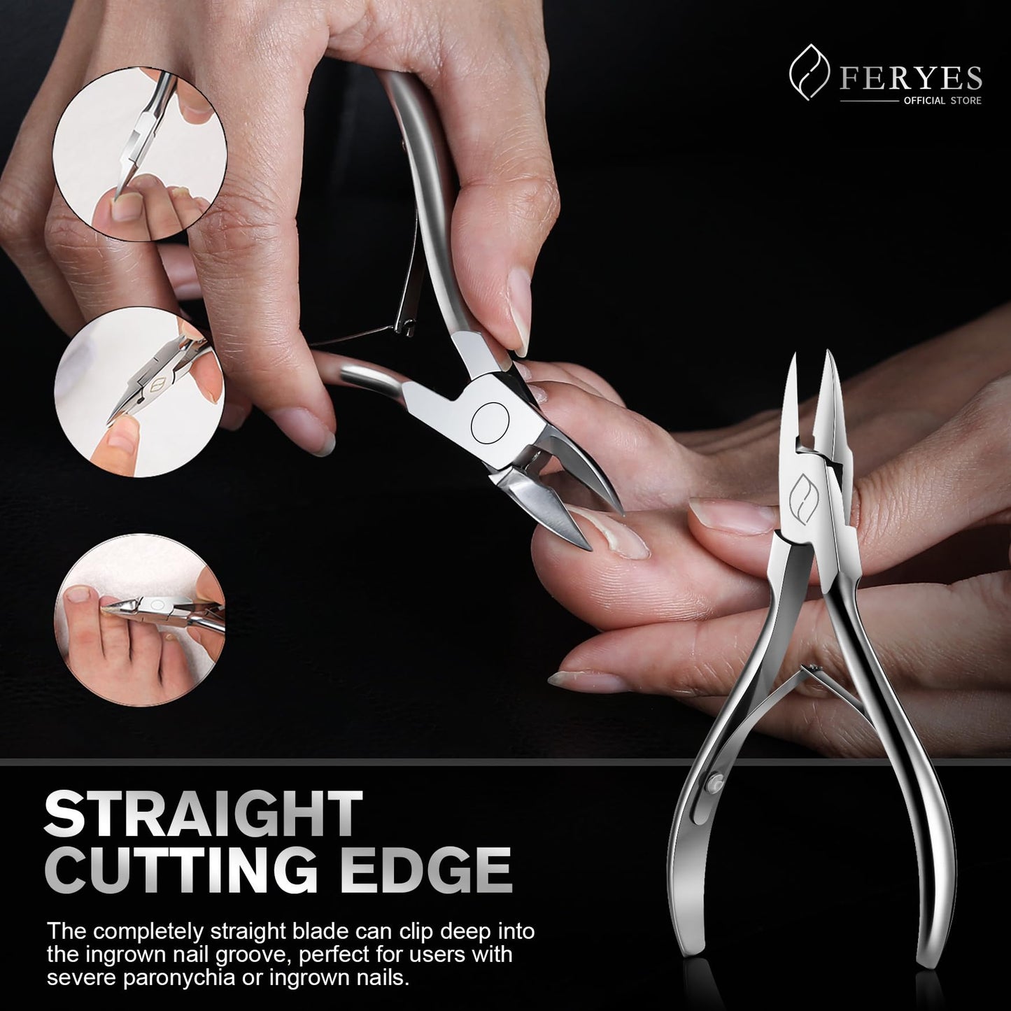 FERYES 5PCS Toenail Clippers Long Handle Clipper for Thick Nails, Straight Blade Clipper for Ingrown Nails, 360° Rotating Jaw Nail Clipper, Cuticle Fork, and Nail File