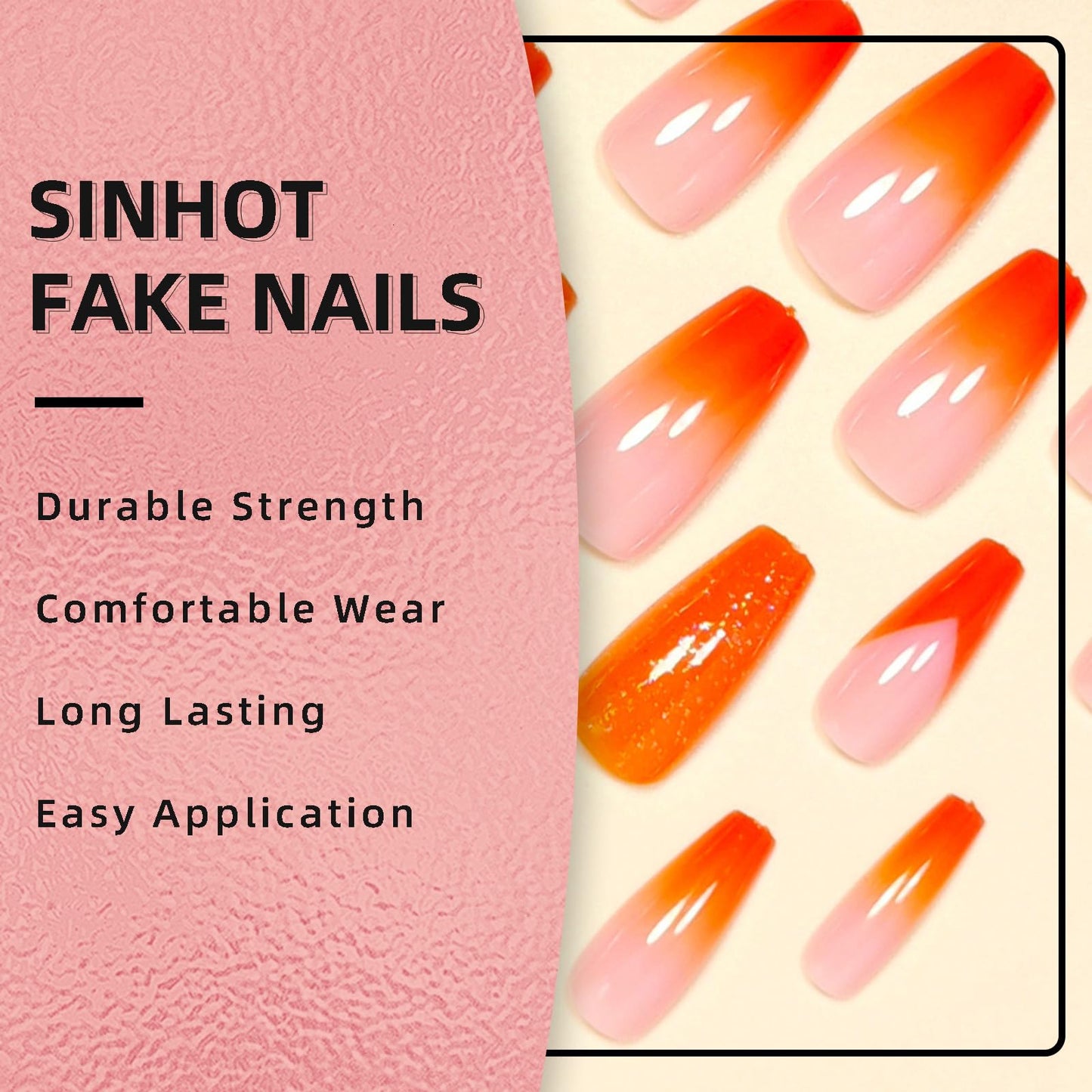 SINHOT Coffin Press on Nails - Long Fake Nails, Glossy Finish, Orange Gradient & Glitter, Reusable Artificial False Nail Art - 24 Pcs Nail Kit with Glue