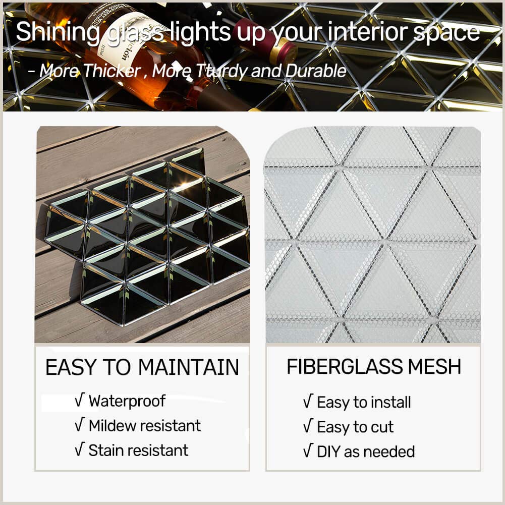 Soulscrafts Beveled Mirror Glass Mosaic Tile,Black with Gold, 3 Inch Triangle Glass Backsplash Tiles for Kitchen Bathroom Wall 5 Sheets/Box