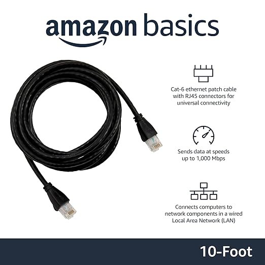 Amazon Basics RJ45 Cat 6 Ethernet Patch Cable, 1Gpbs Transfer Speed, Gold-Plated Connectors, 10 Foot - Pack of 5, Black