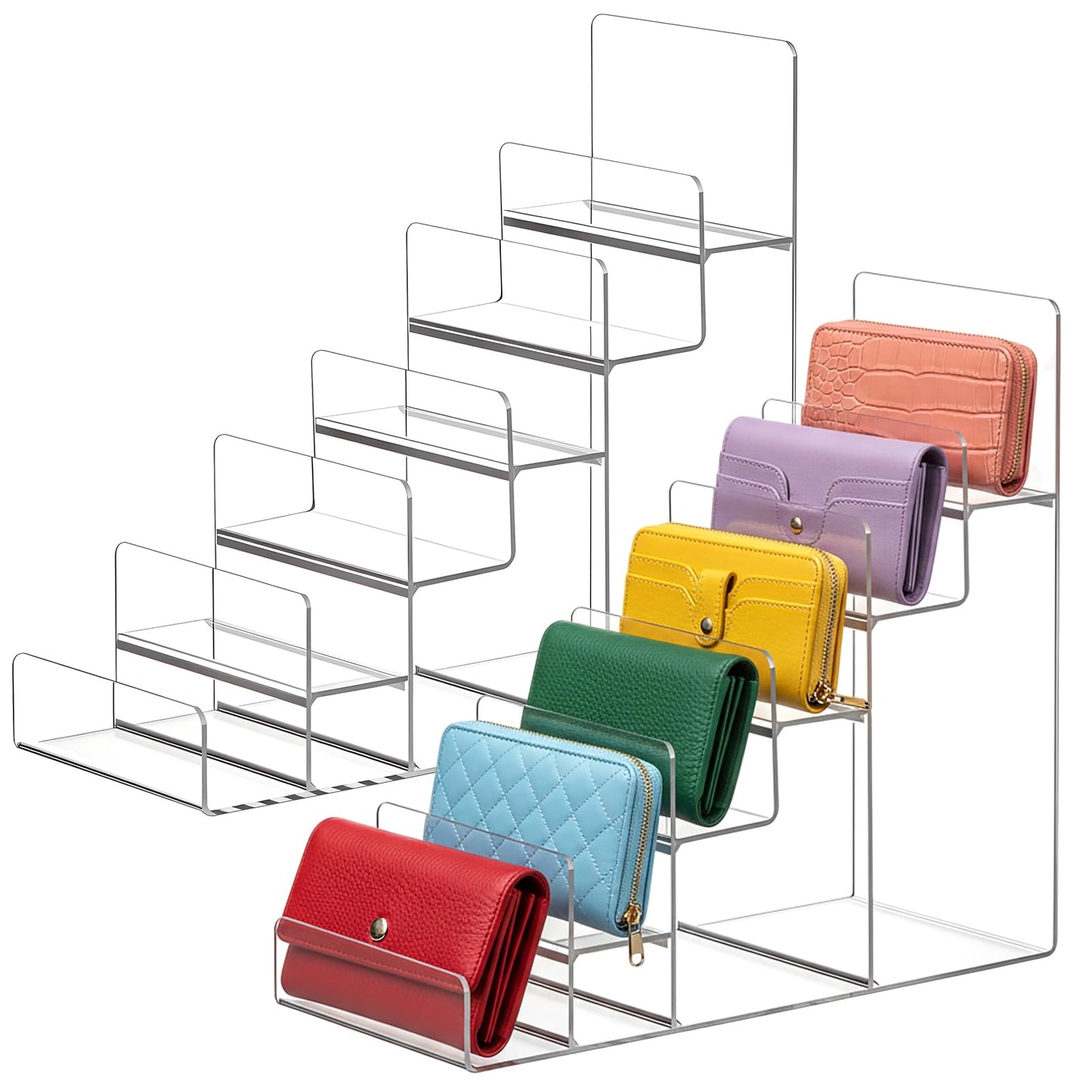 Kathfly 2 Pack 6-tier Acrylic Display Stand for Purses & Wallets, Clear Riser Organizer Shelf for Perfume, Sunglasses, Cosmetics, Multi-Tiered Countertop Vendor Display for Craft Fairs, Retail