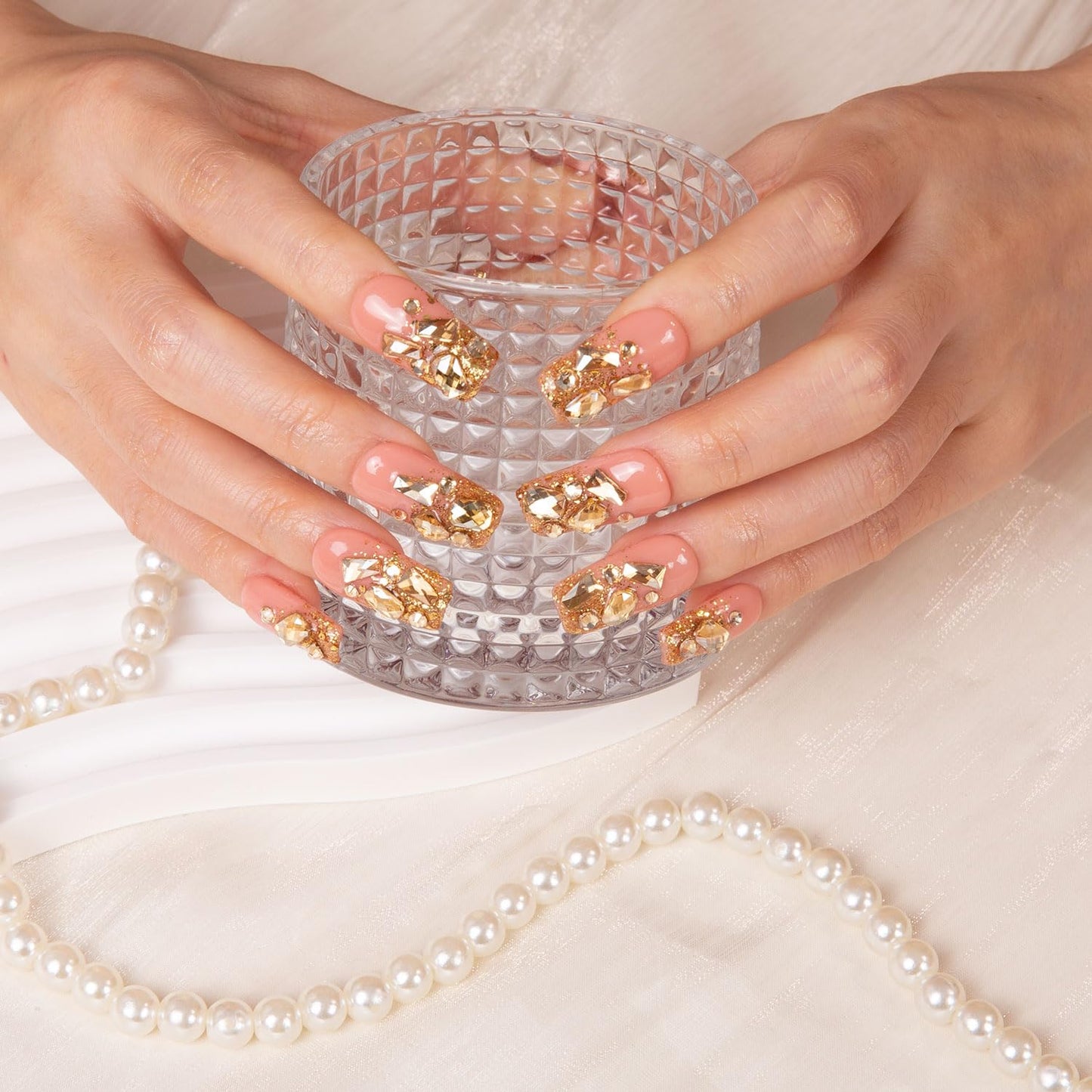 LOVFUL Press on Nails Stardust Gold| Handmade with Full Covered Crystals | Reusable Fake Nails | Square Regular 1.0 in | H84-S