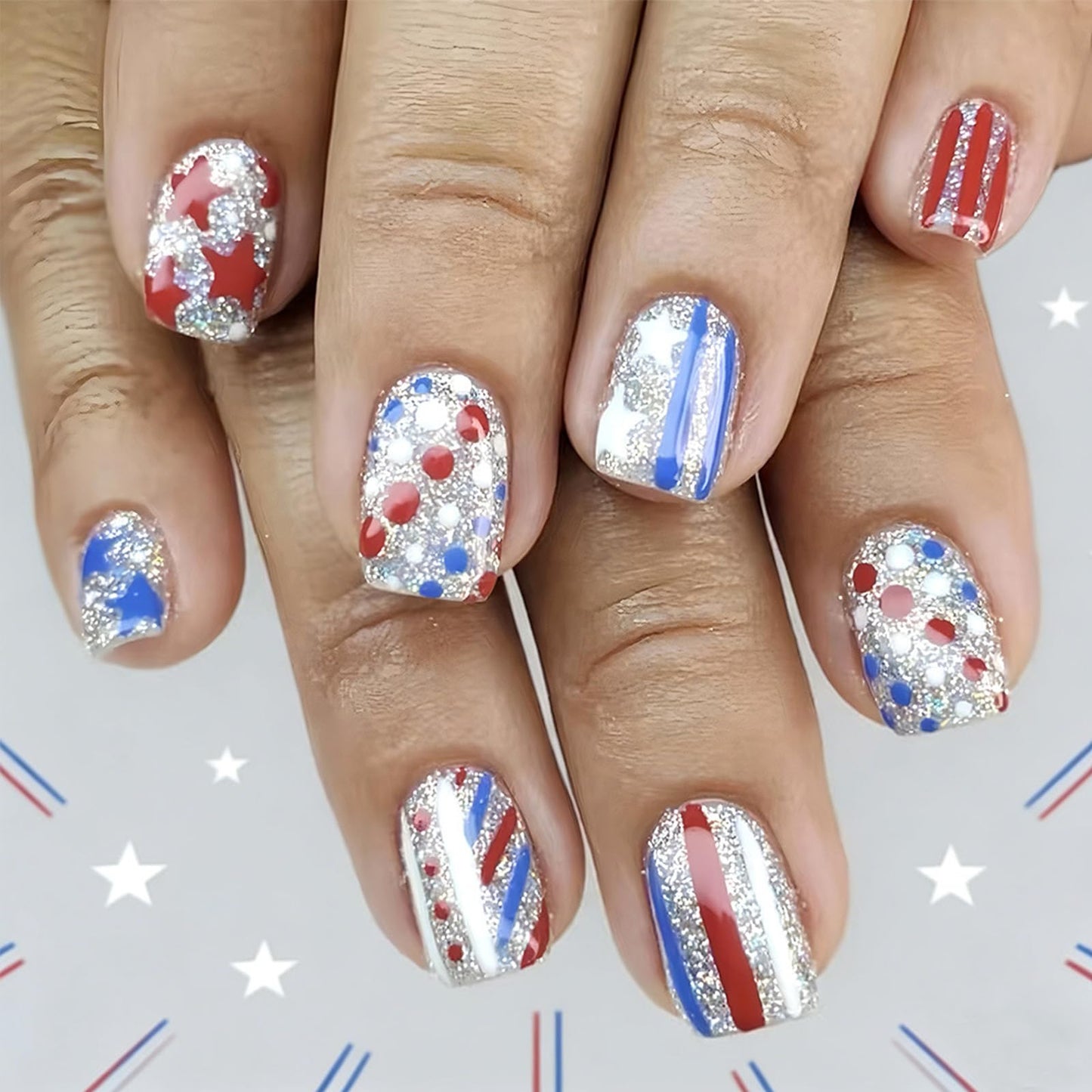 4th of July Press on Nails Short Square Fake Nails Silver Glitter False Nails with Polka Dot Star Stripes Design Independence Day Patriotic Nails Reusable Artificial Stick on Nail for Women 24Pcs