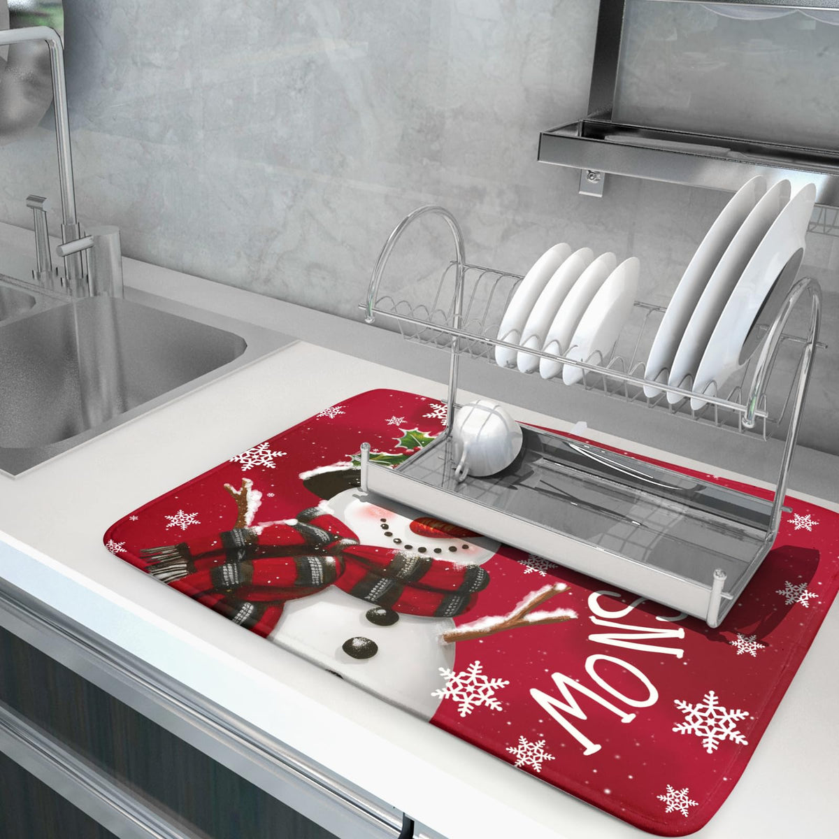 Winter Snowman Dish Drying Mat for Kitchen Counter 18x24 Inch Christmas Dish Draining Mat Xmas Snowflakes Decorations Fast Absorbent Tableware Cardinal Birld Dishes Pad for Coffee Bar Countertop