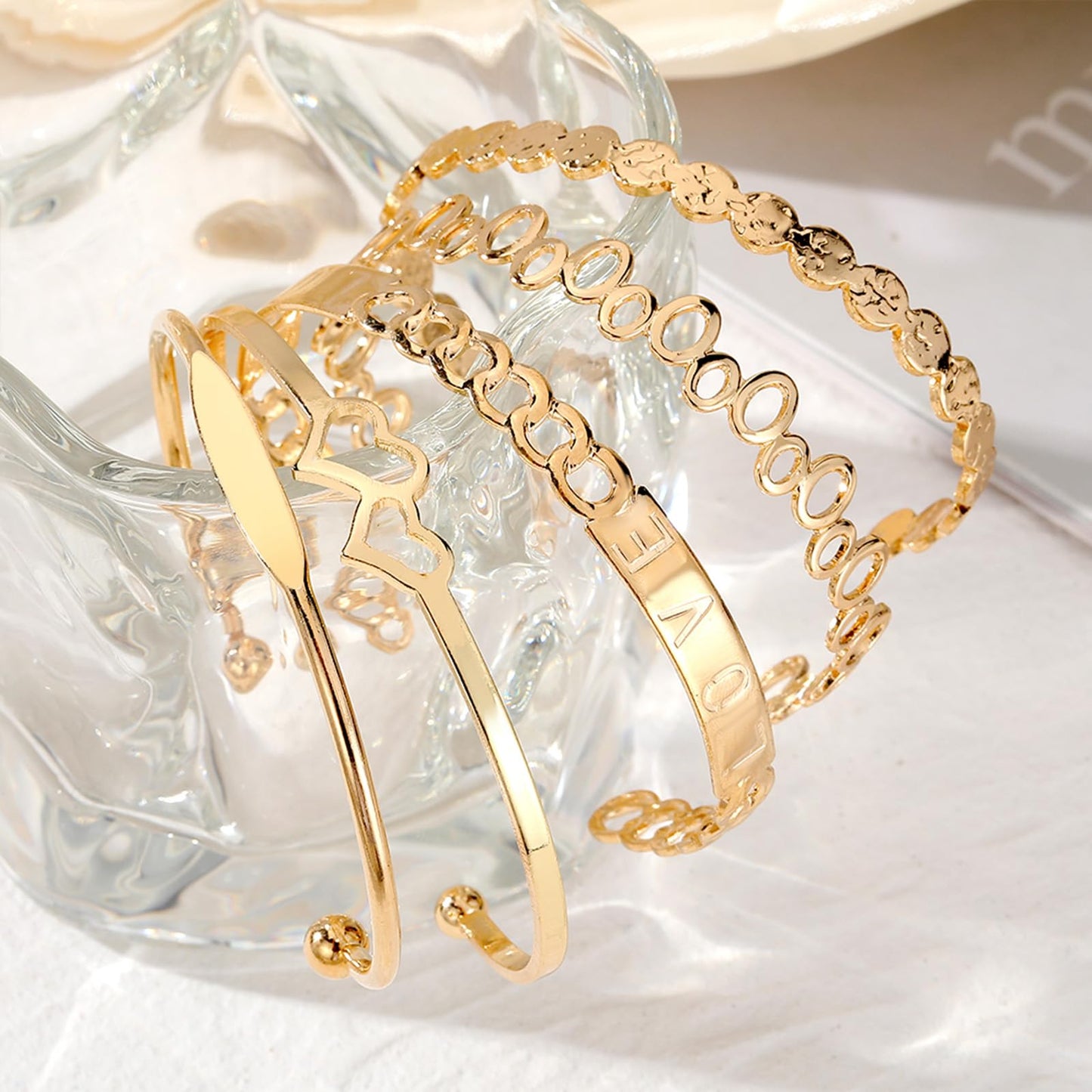 IFKM Gold Bangles Bracelets For Women, 14k Gold Plated Multi Layer Stackable Cuff Bracelet Set, Trendy Elegance Charms Non Tarnish Minimalist Textured Boho Jewelry for Women