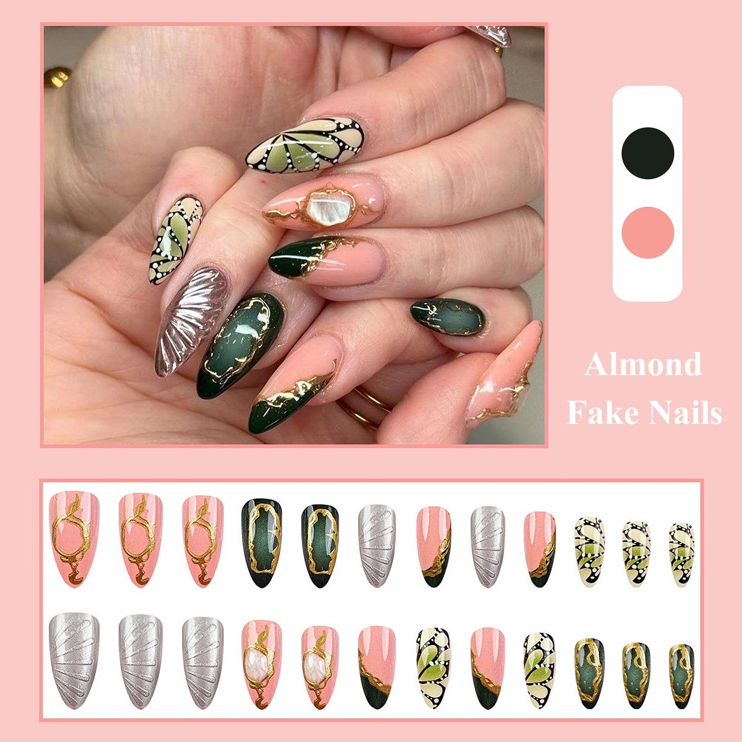 MISUD Press on Nails - Medium Almond Fake Nails with Green Butterfly, Acrylic Gold Chrome Design 24 pcs