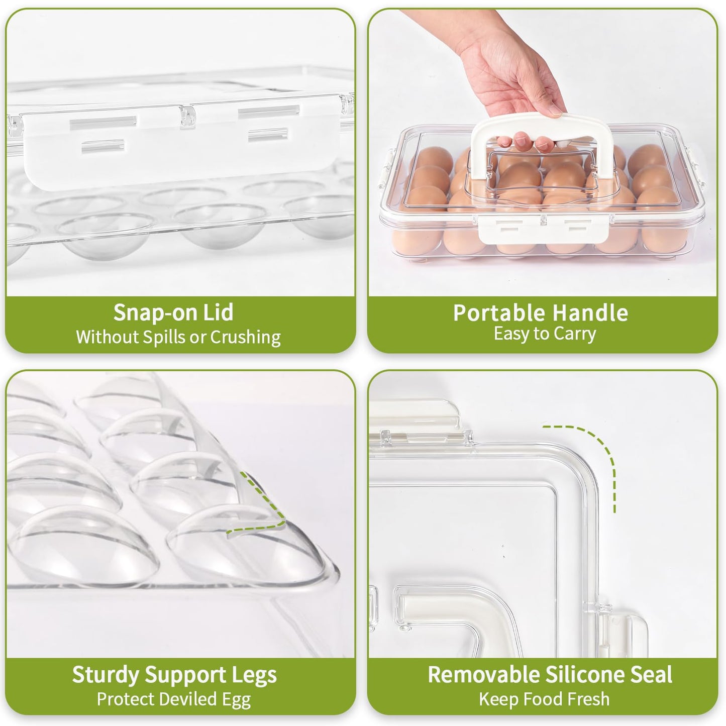 RoskDeewat Deviled Egg Containers with Lid, 2 Pack Thick Clear Plastic Deviled Carrier with Handle Storage 48 Eggs, Stackable Egg Holder Portable Tray Platter for Fridge, Travel, Party-White