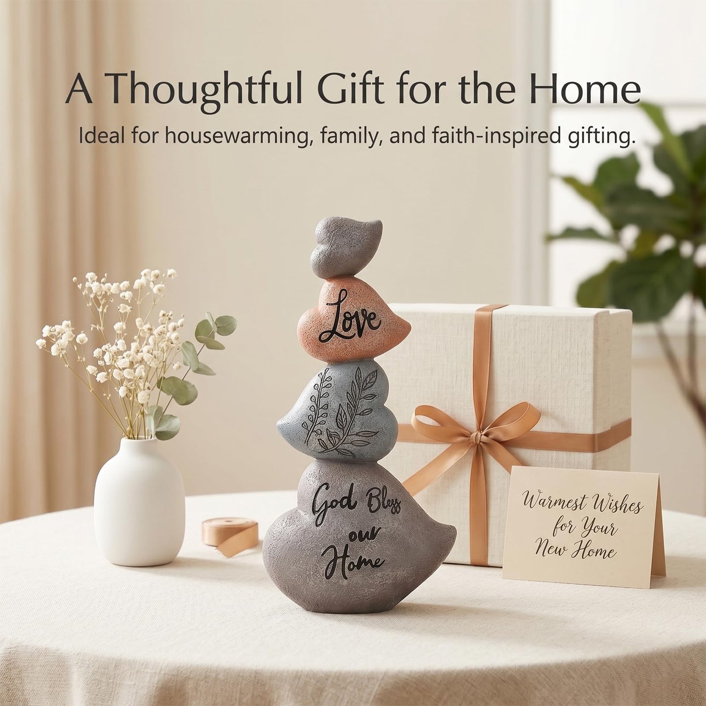 8.07in Heart Sculpture Decor, Textured Stone-Look Love Statue with God Bless Our Home Message, Stacked Heart Figurine for Shelf, Tabletop and Mantel, Housewarming Gift, Heart Decorations for Home