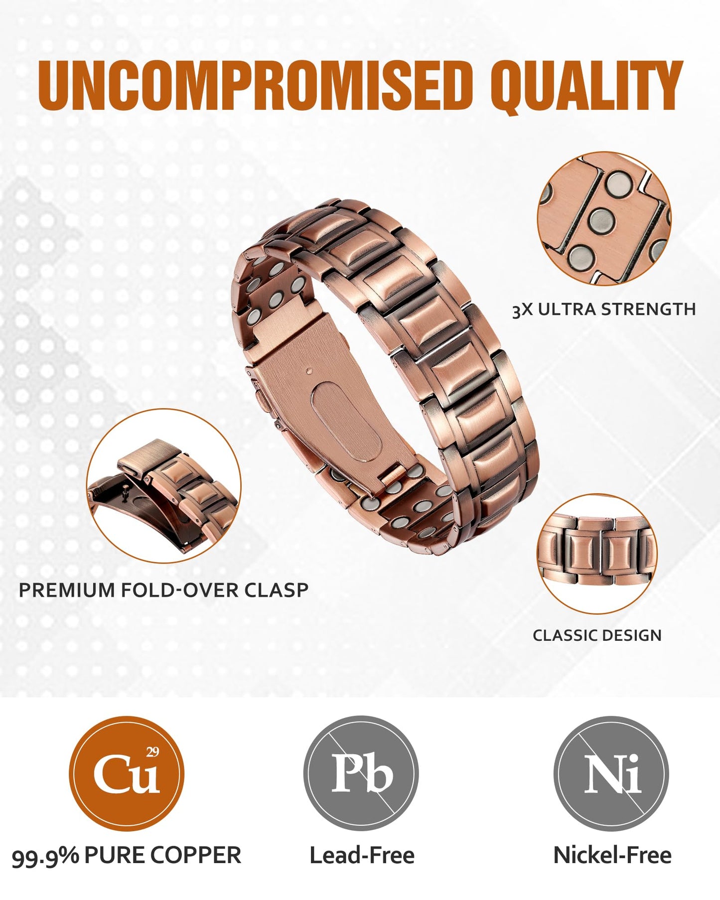 Jecanori 3X Strength Copper Bracelets for Men, Magnetic Bracelets for Men with 3800 Gauss Magnets, Premium Fold-Over Clasp