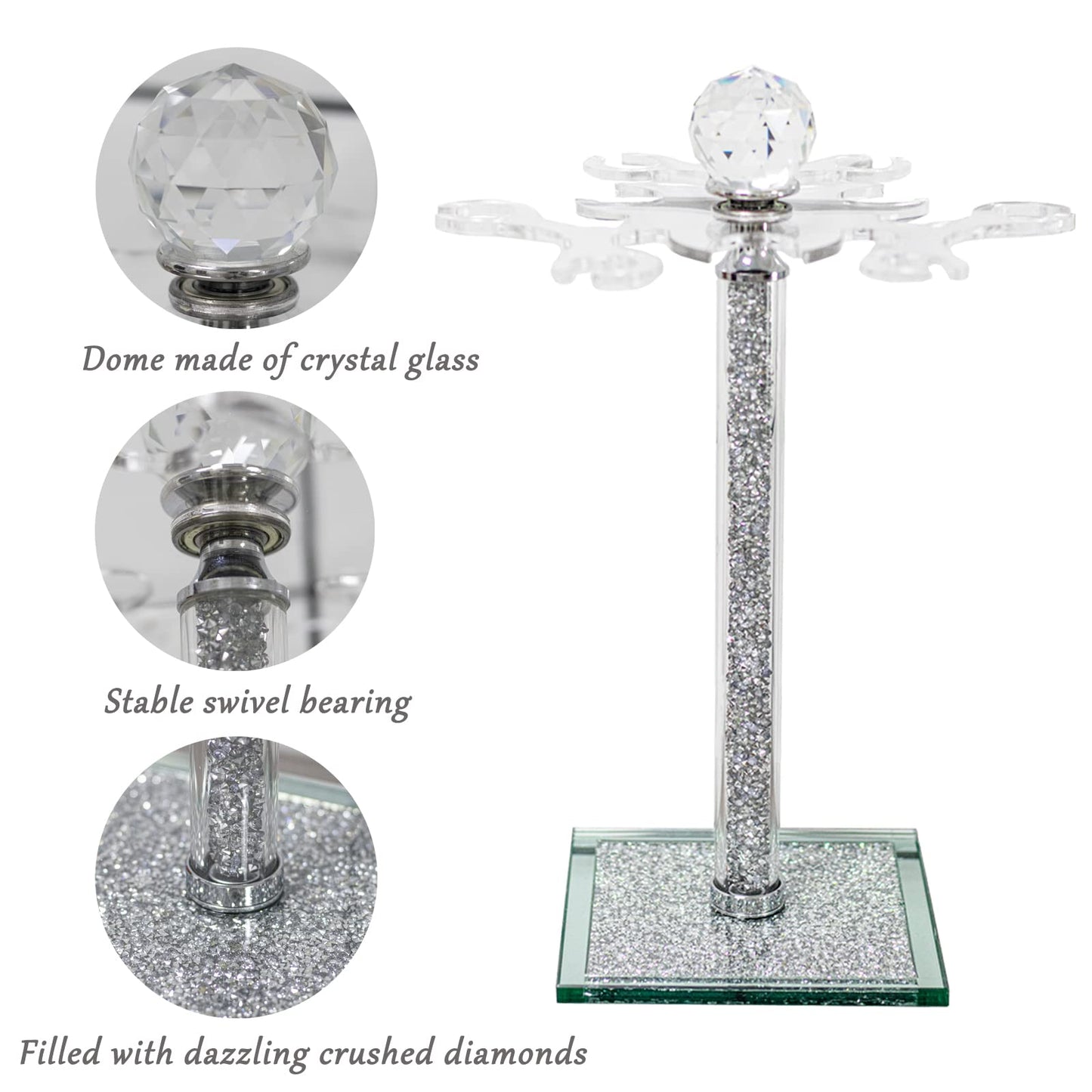 Crystal Wine Glass Holder, 14" H Silver Freestanding Wine Glass Rack Crushed Diamond Home Decor 6 Hook Countertop Stemware Rack Cup Drying Storage Holder Stand for Kitchen Dinning Table Bar (Silver)