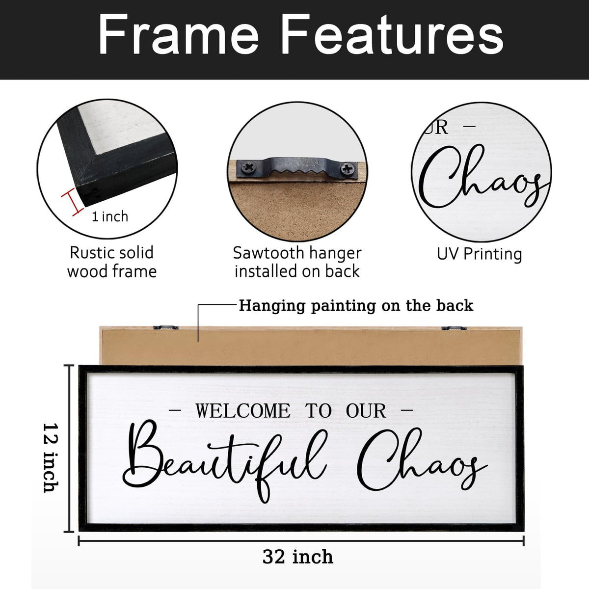 Welcome To Our Beautiful Chaos Sign Wall Decor Framed Wood 32X12 Inch For Rustic Home Living Room Entryway Bedroom Hanging Art (Wood)