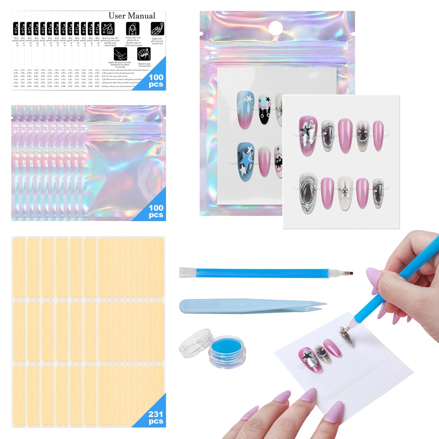 Raisetip 100PCS Press on Nail Packaging Bag, 100PCS Display Card with 231 Pcs Pre-cut Adhesive Tape & Diamond Art Pens & Glue Clay & Tweezers, 6-in-1 Set for Nail Display (Laser-white card)