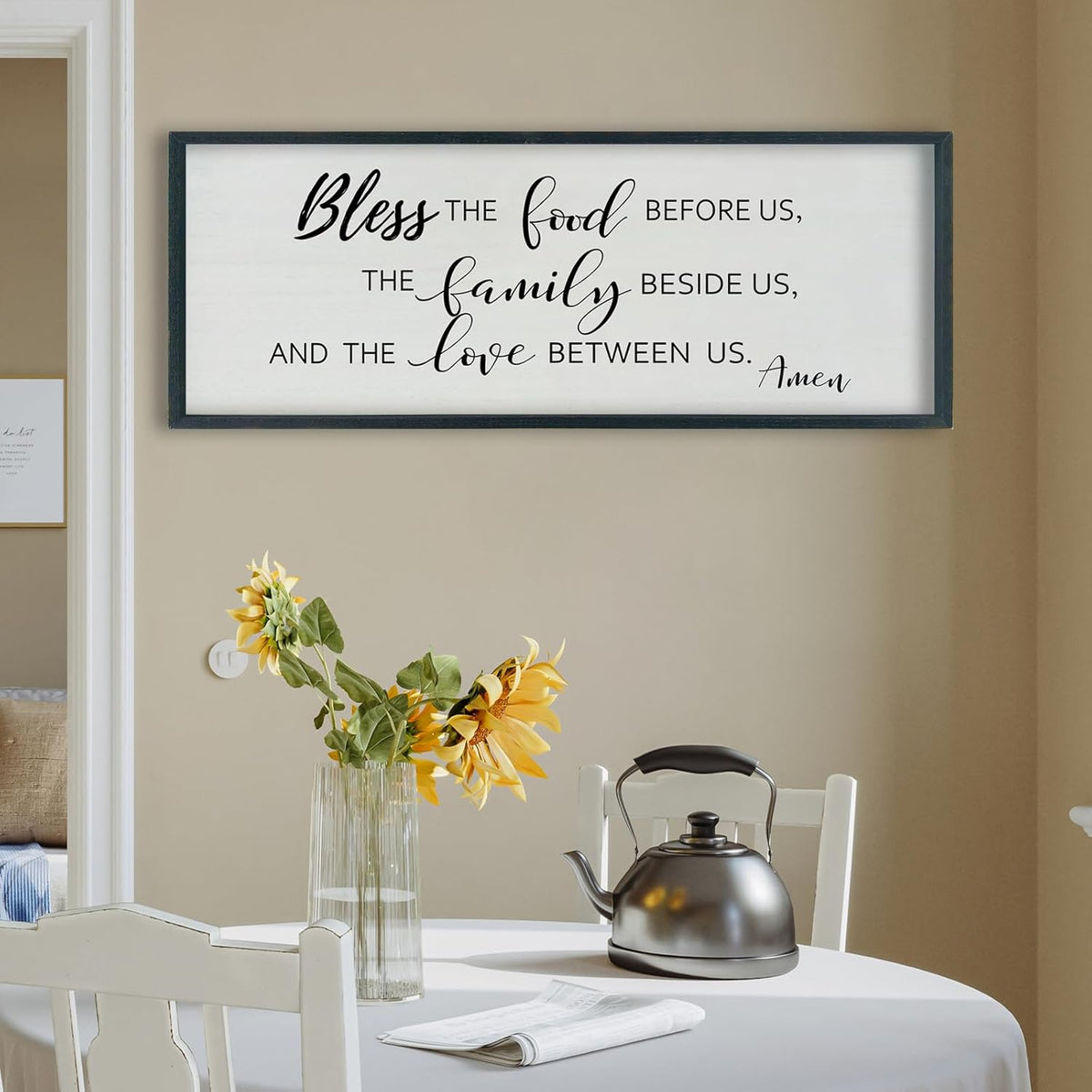 SRSZHIYUE Bless the Food Before Us Wall Sign Decor 40"×15" Christian Bible Verse for Farmhouse Rustic Kitchen Dining Room Framed Wood Scripture Religious Jesus Prayer Wall Art (Black)