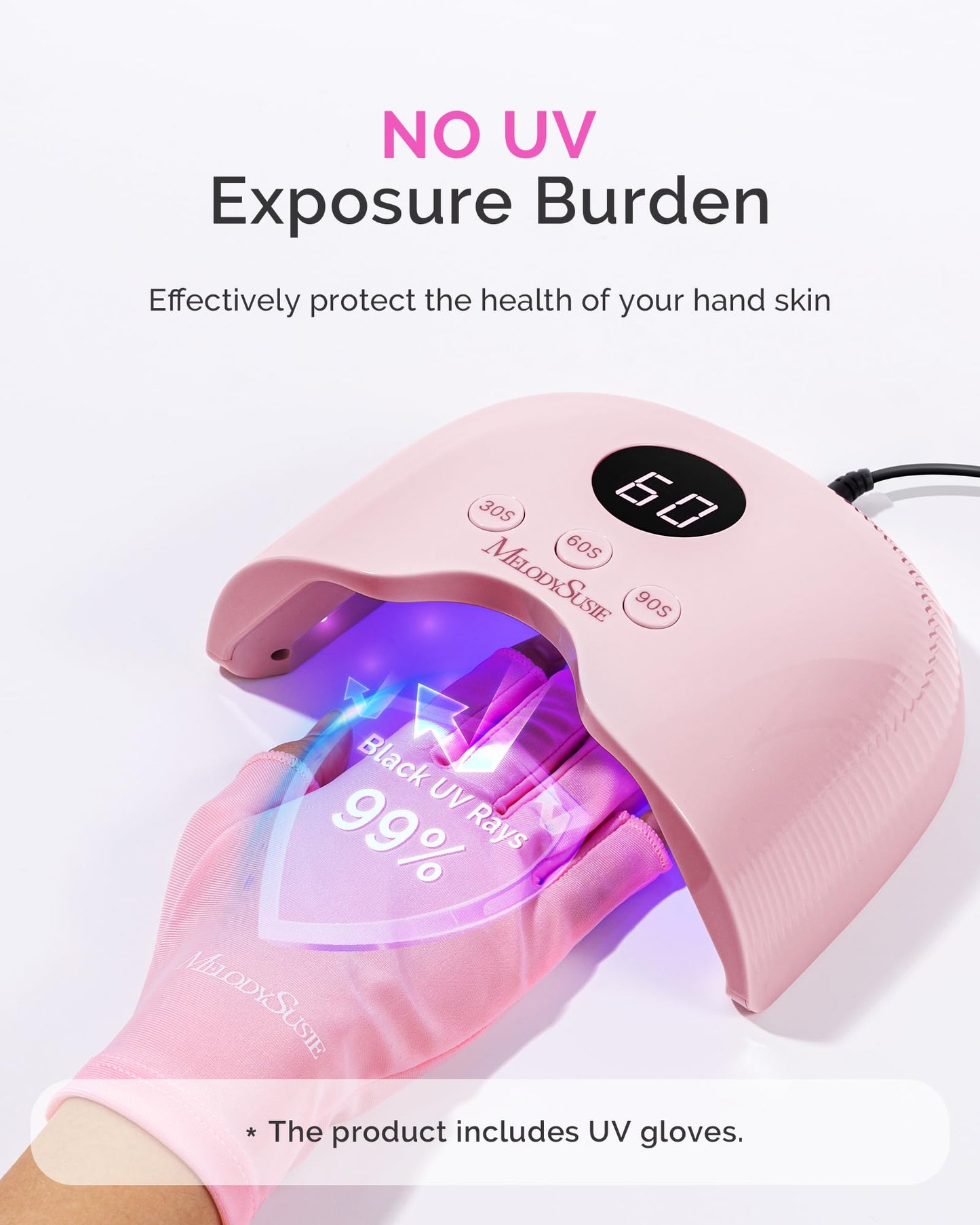 MelodySusie Compact LED UV Nail Lamp with UV Gloves, P-PLUS30A Nail Dryer with Smart Sensor Cures All Gels, Especially Rhinestone Glue, Liner & Cat Eye Gel Polishes for Advanced DIY at Home, Pink