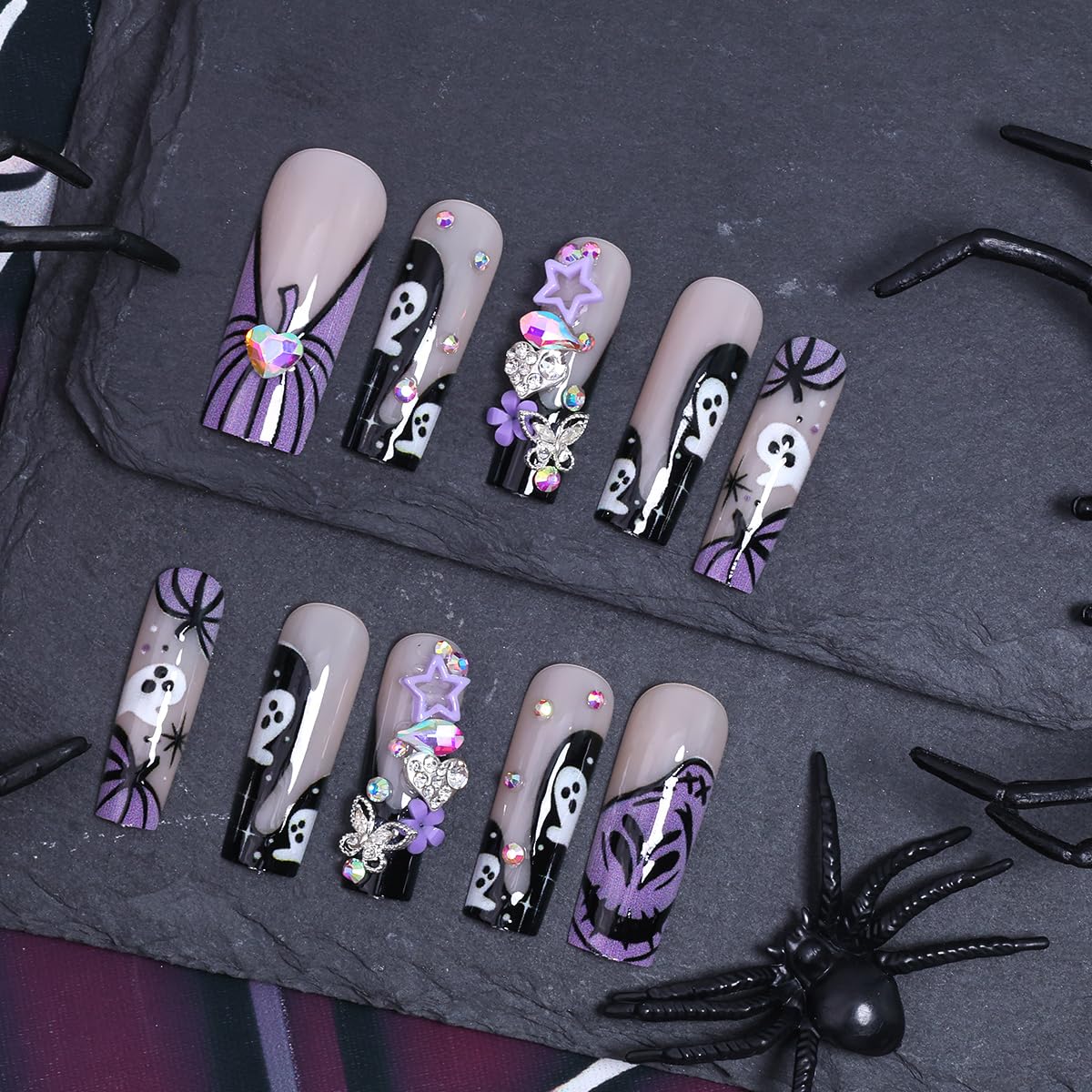 24Pcs Halloween Press on Nails Long Square French Tip Fake Nails with Purple Gothic Ghost Pumpkin Design Cute Flower Butterfly Star Gems False Nails Full Cover Artificial Glue on Nails for Women DIY