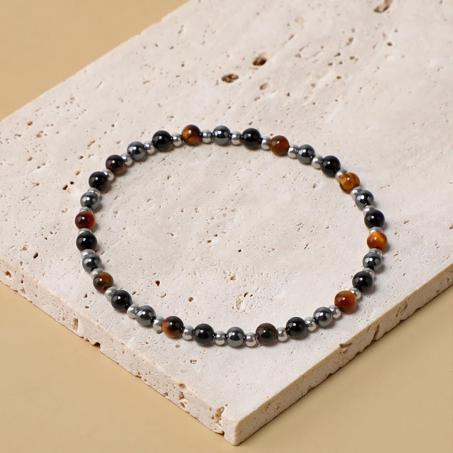 QOGIR Triple Protection - Onyx Hematite Tiger - Stainless Silver Beads Natural Gemstone Stretch Elastic Dainty Healing Beaded Bracelets Gifts 4mm