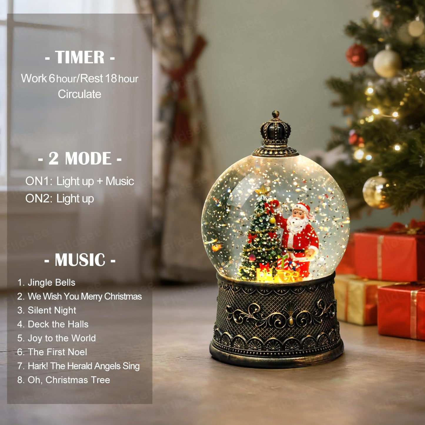 Flldsee Christmas Snow Globe Lantern, Glitter Musical Snowglobe Light with Timer, USB & Battery Powered Music Box, Santa Claus Christmas Tree Gifts, Holiday Decorations Indoor Home Decor