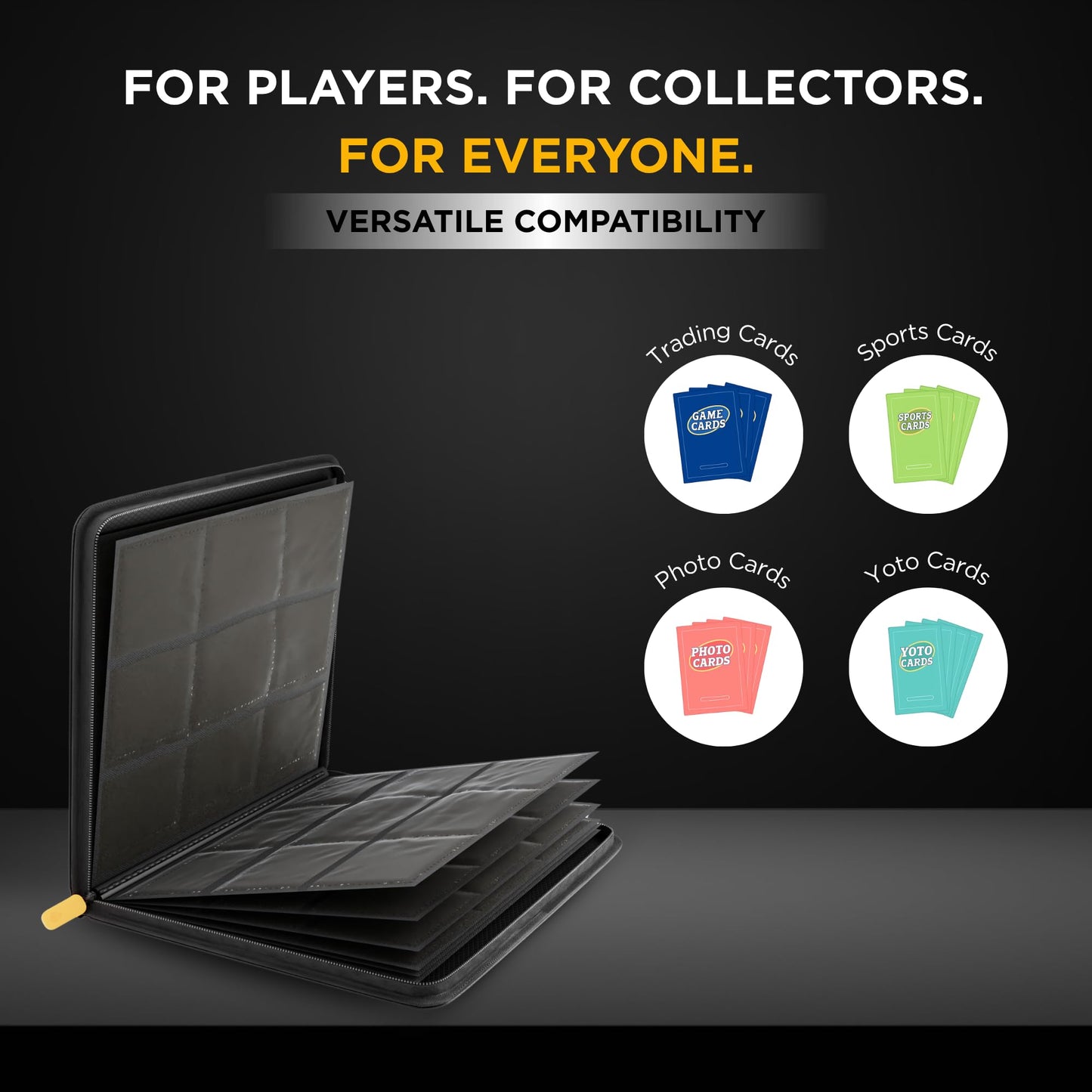 Card Guardian - 9 Pocket Premium Black Card Binder with Zipper for 360 Cards - Trading card binder with Side Loading Pockets for Trading Card Games -TCG Binder (Black)