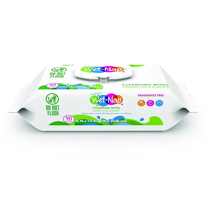 Wet Nap Hand & Face Cleansing Wipes | Disposable Plant-Based Wet Wipes | Gentle, Fragrance Free Formula for Sensitive Skin | Paraben-Free & Alcohol-Free | 90 Count (Pack of 6)
