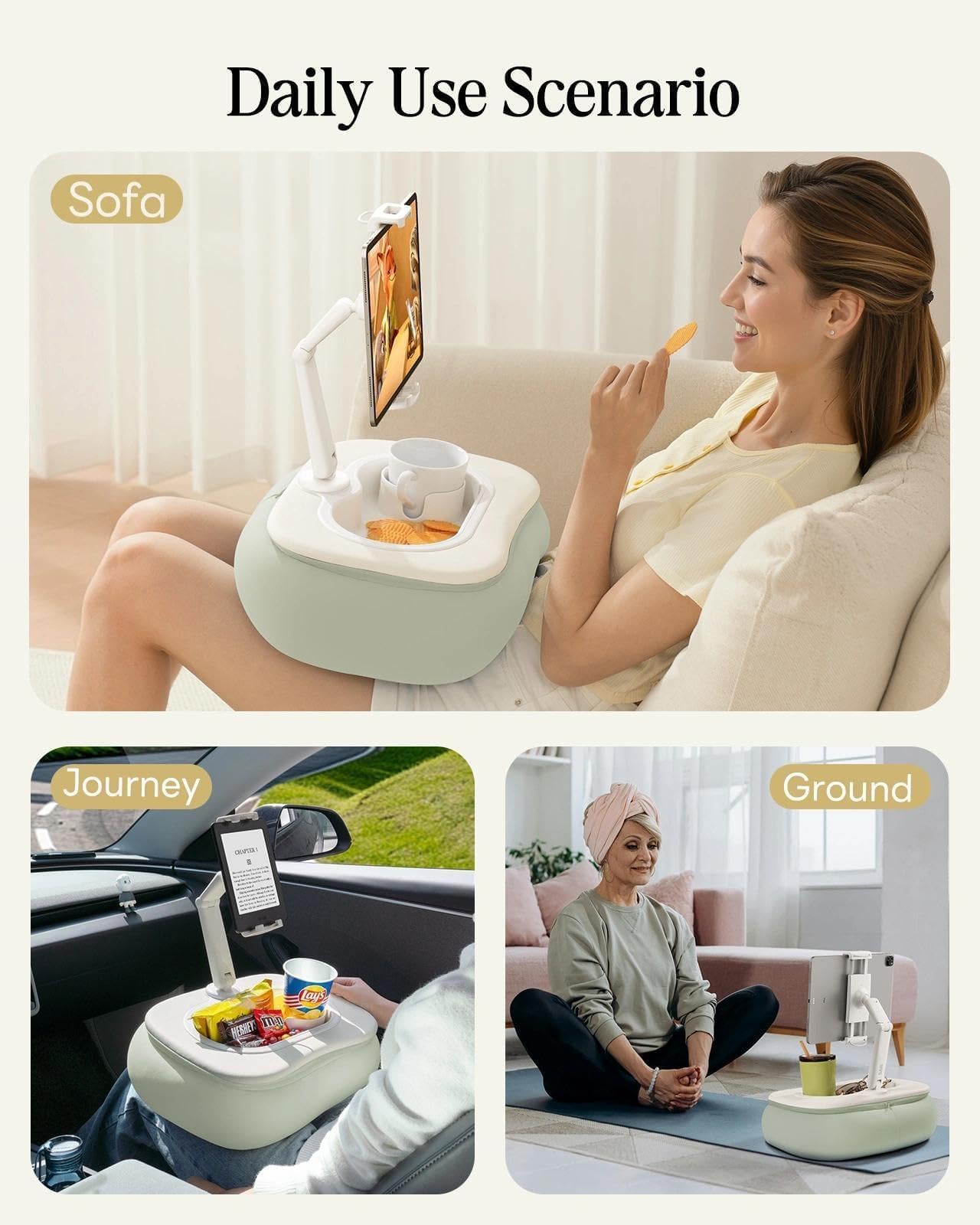SAIJI Tablet Pillow Stand for Bed, Stable iPad Holder with Food-Grade Snack Bowl, Adjustable Kindle Pillow Stand for Reading, Suit for 4.7-15.6" Kindle,iPad,iPhone,Tablet,Green