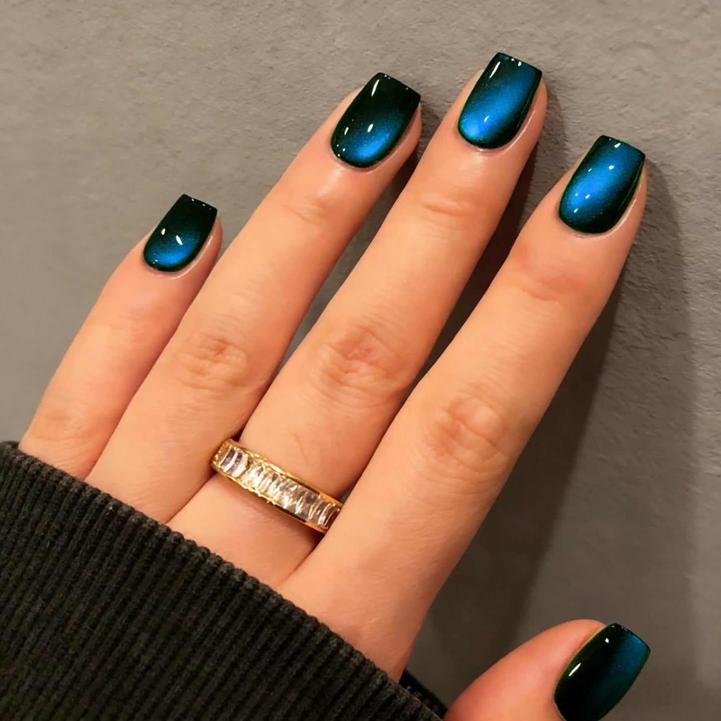 KQueenest Cat Eye Press On Nails Short - Dark Ocean Blue Press On Nails Square, 30 Pcs 15 Sizes Glitter Black Fake Nails Press ons, Thick Quality, Reusable Small Glue on Nail for Women Goth Party
